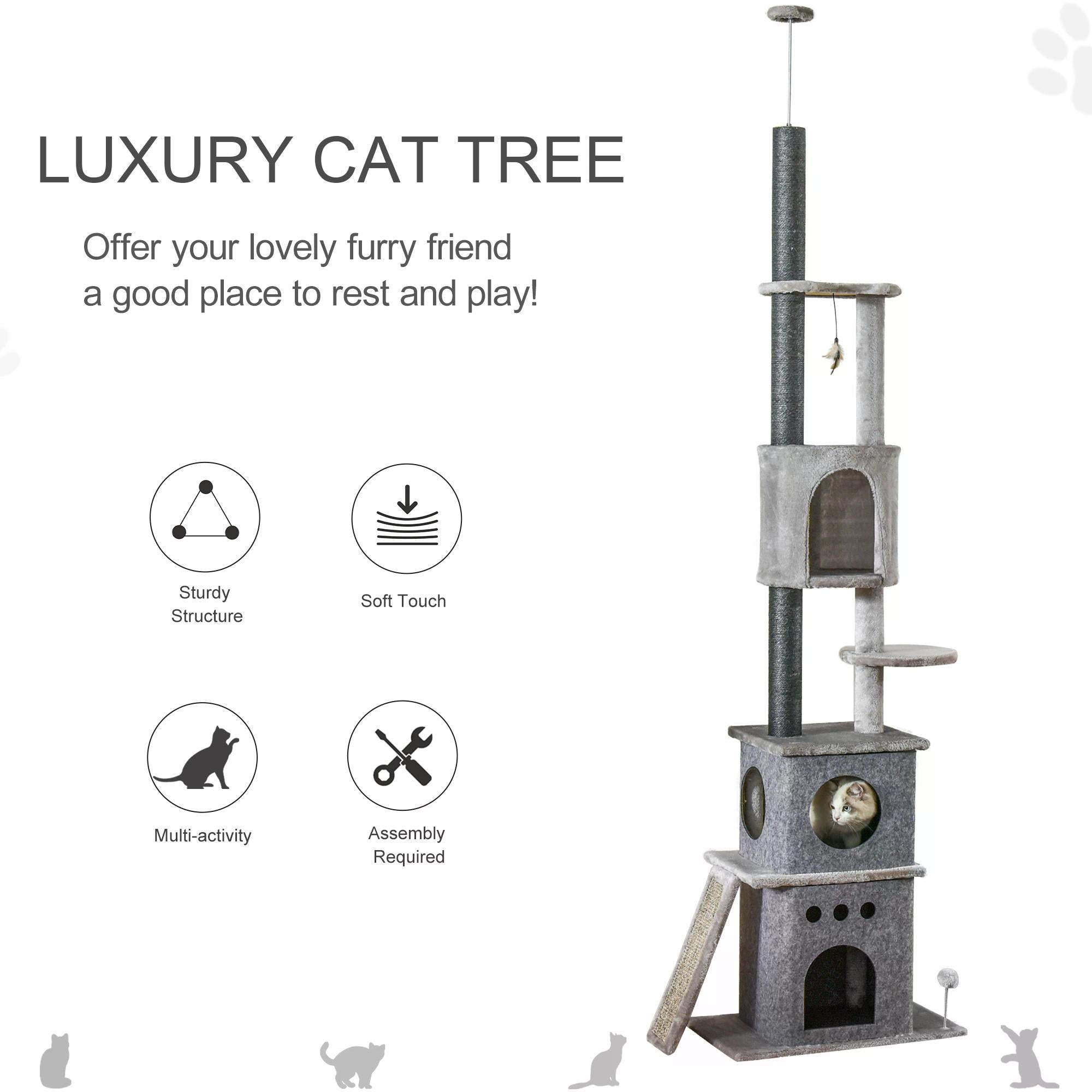 255cm Cat Climbing Tree Adjustable Kitty Activity Center Floor-to-Ceiling Cat Climber Toy with Double Condo Play Rest Post Light Grey