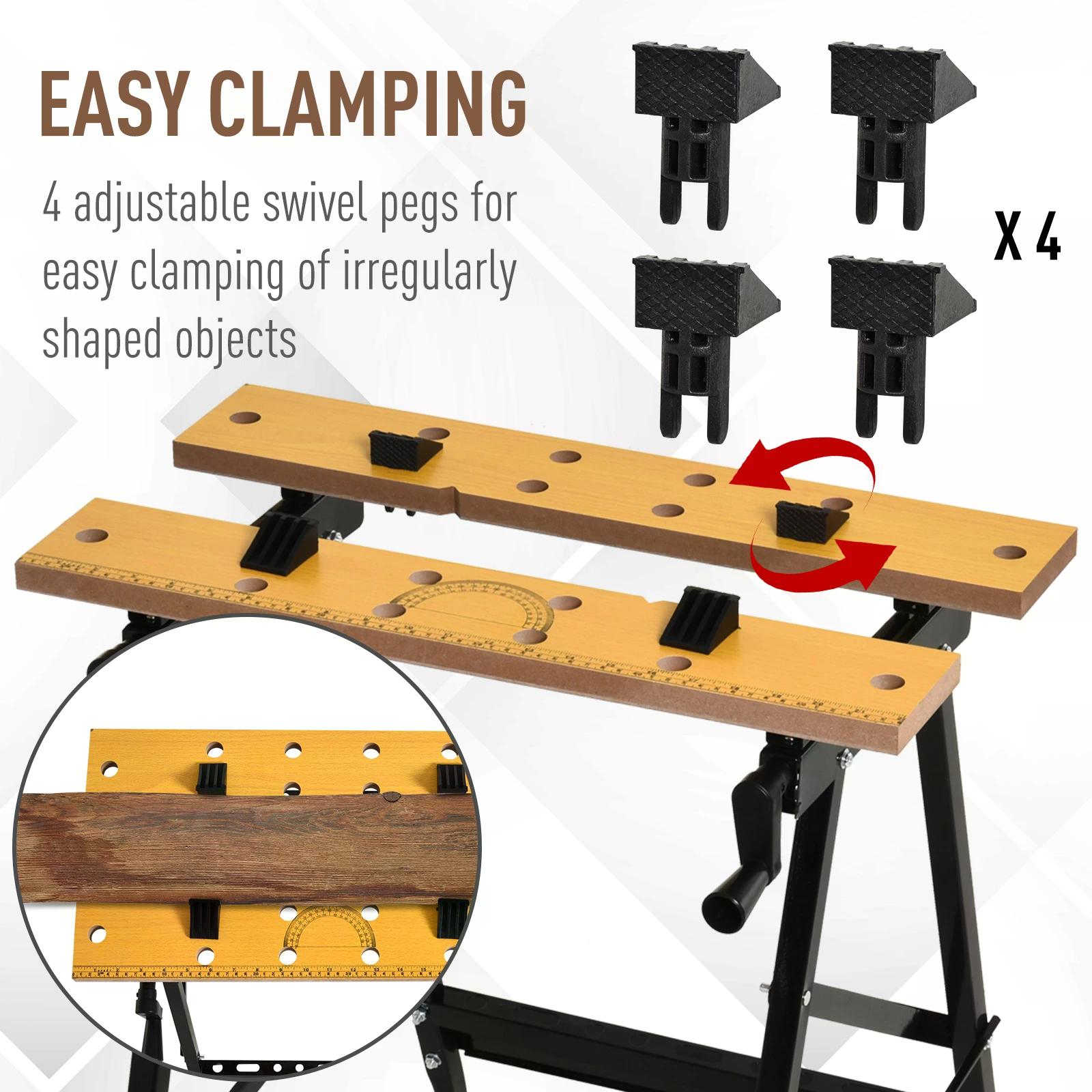 4-in-1 Work Bench, Saw Horse Folding Clamp Table w/ 4 Adjustable Clamping Pegs for DIY Home Garage, Black