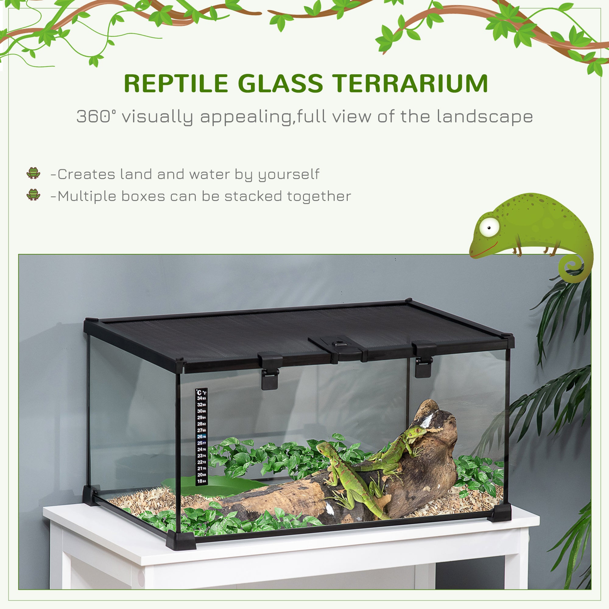 50 x 30 x 25 cm Reptile Glass Terrarium, Reptile Breeding Tank, Climbing pet Glass Containers, Arboreal Box, with Strip Patch Thermometer-Black