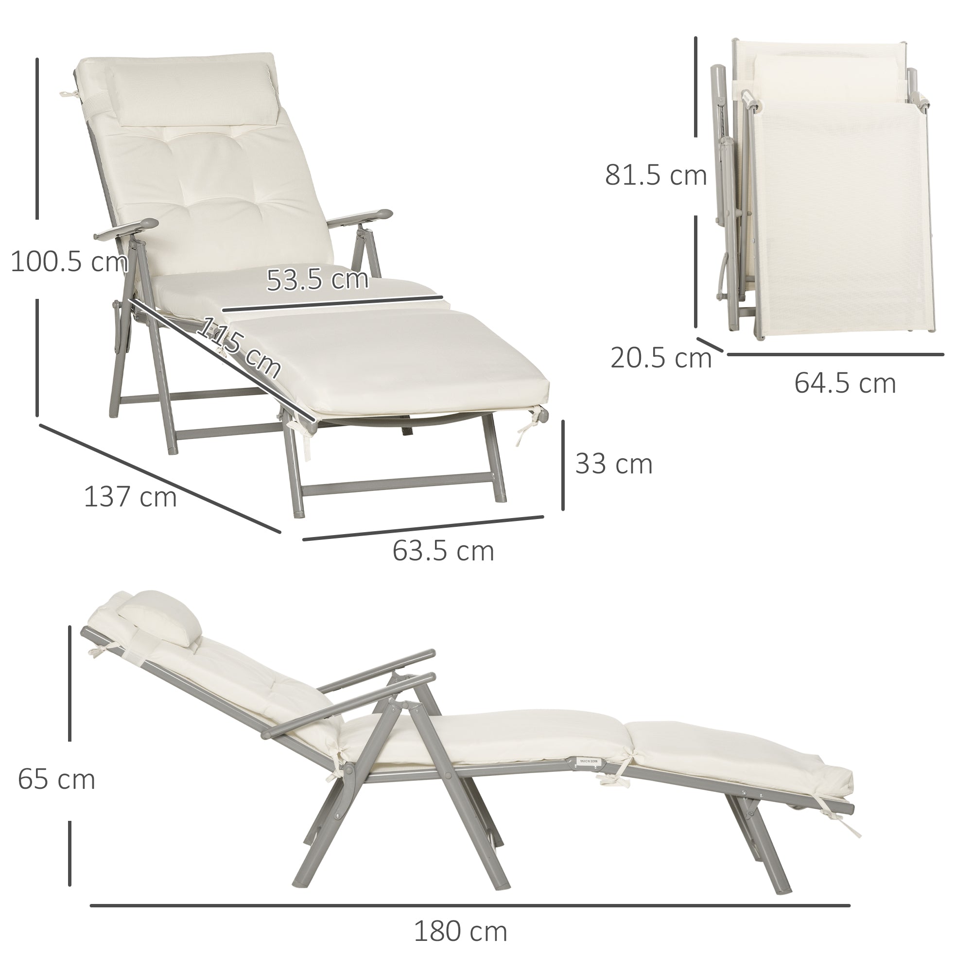 Outdoor Patio Sun Lounger Garden Texteline Foldable Reclining Chair Pillow Adjustable Recliner with Cushion - Cream White