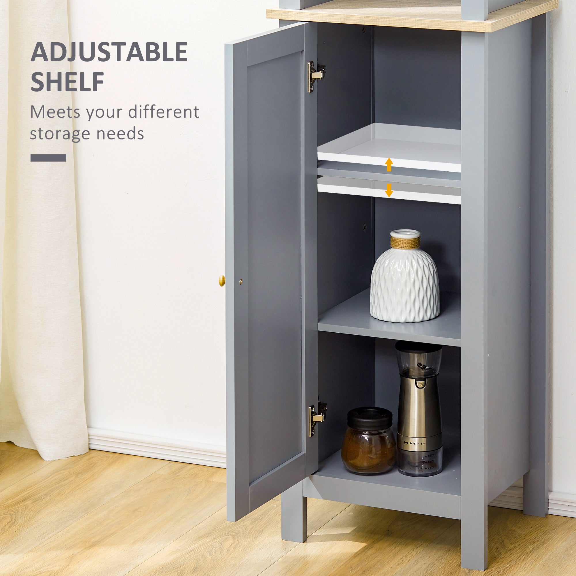 Bathroom Floor Storage Cabinet with 3 Tier Shelf and Cupboard with Door, Free Standing Linen Tower, Tall Slim Side Organizer Shelves, Grey