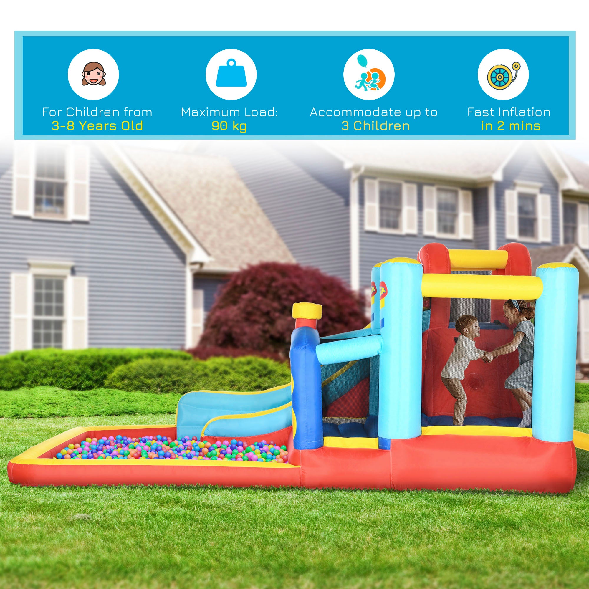 4 in 1 Bouncy Castle, with Slide, Pool, Trampoline, Climbing Wall, Blower - Multicoloured