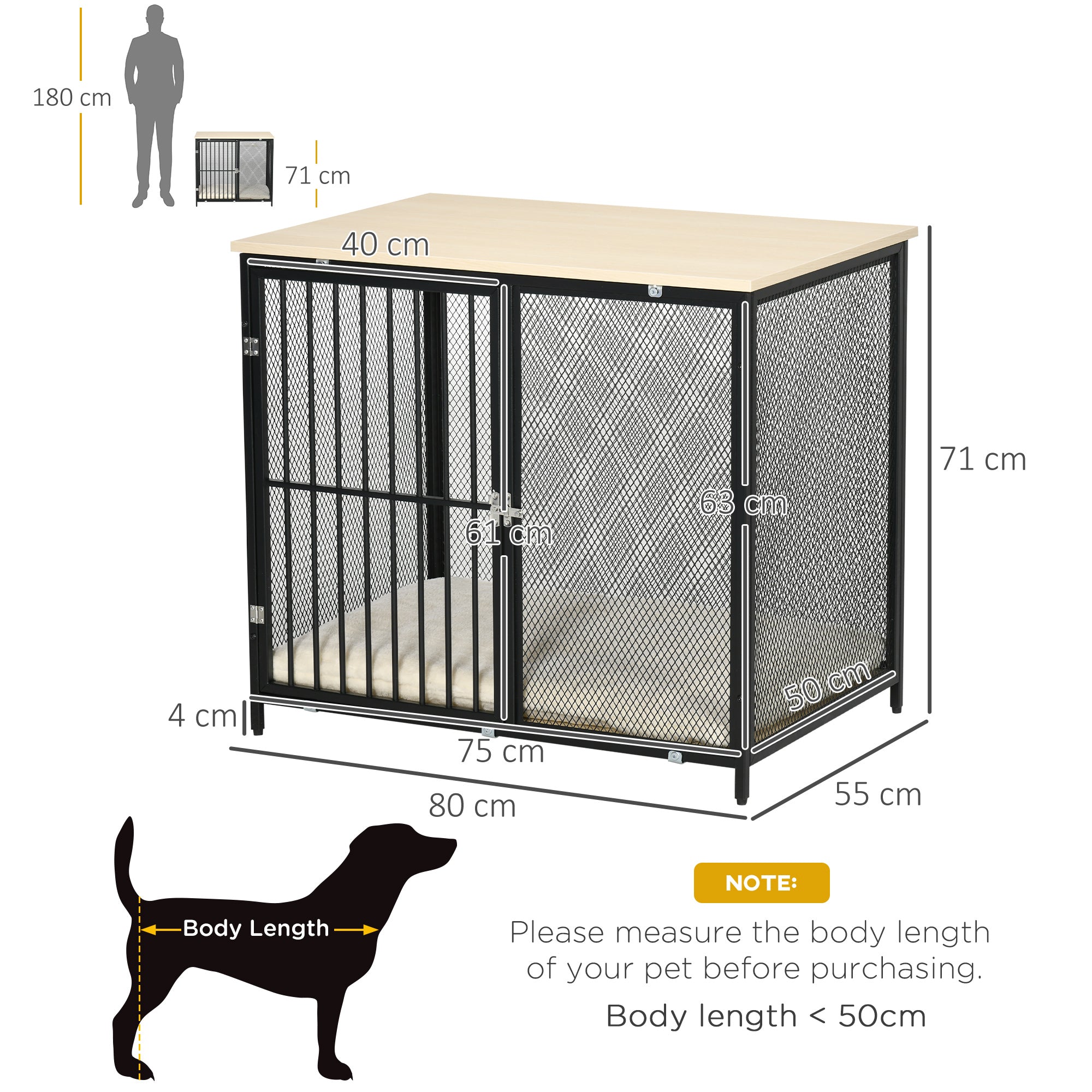 Dog Crate Furniture Side End Table with Soft Washable Cushion, Indoor Dog Kennel with Wire Mesh Wall, Wooden Top, for Medium Small Dogs