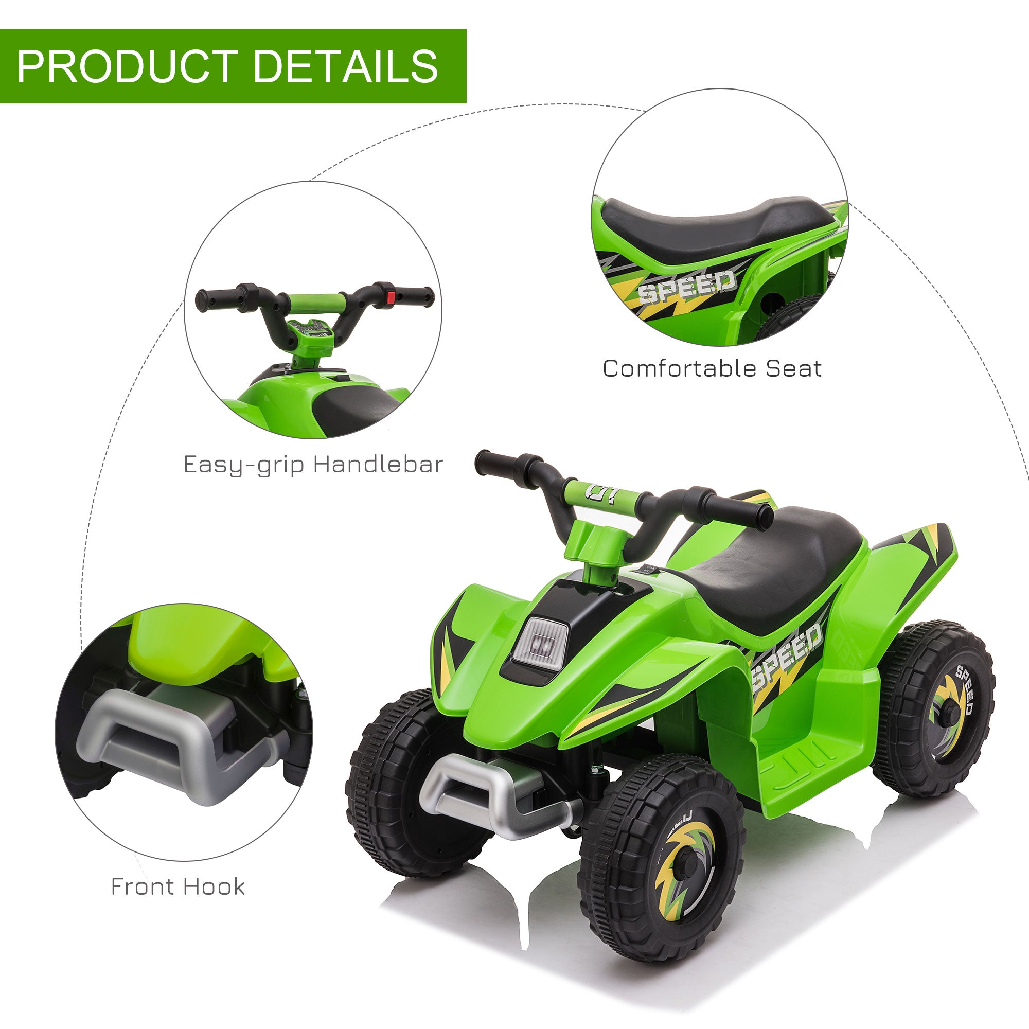 6V Kids Electric Toy Car ATV Toy Quad Bike Four Big Wheels w/ Forward Reverse Functions Toddlers aged 18-36 months, Green