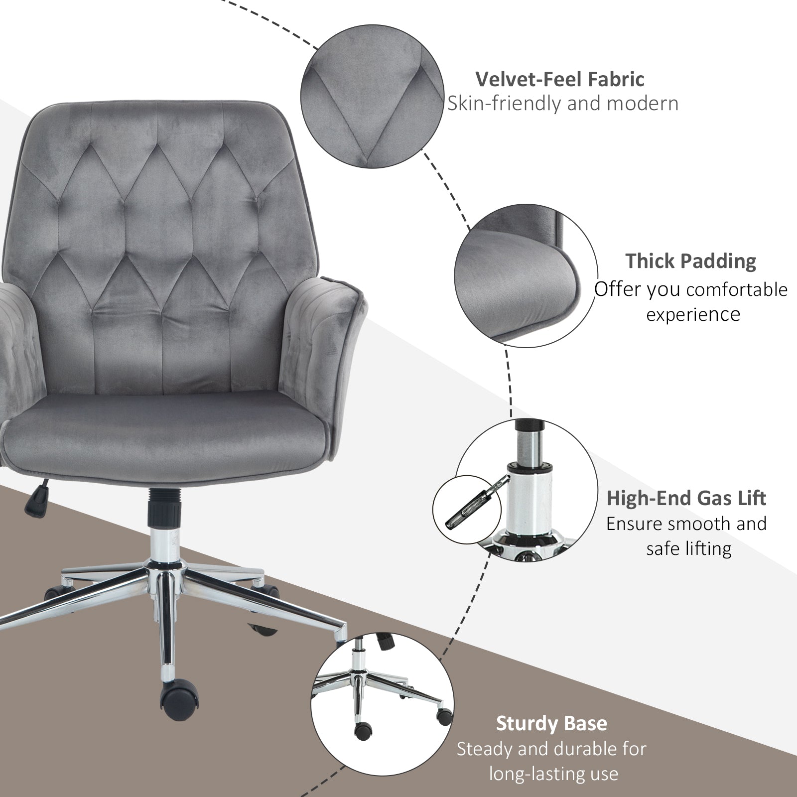 Linen Computer Chair with Armrest, Modern Swivel Chair with Adjustable Height, Dark Grey