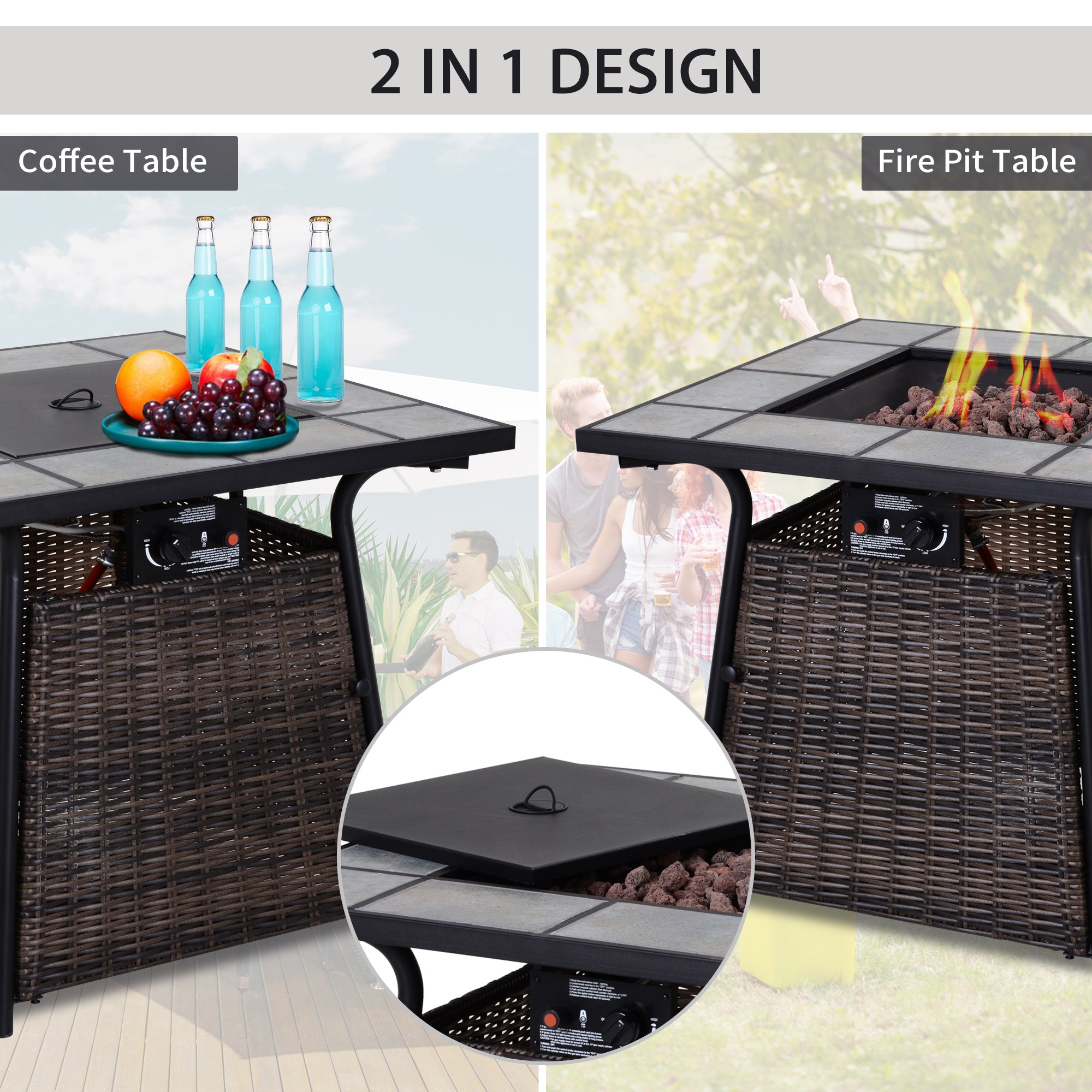 Wicker Gas Fire Pit W/Lid 80Lx80Wx69H cm-Brown /Black