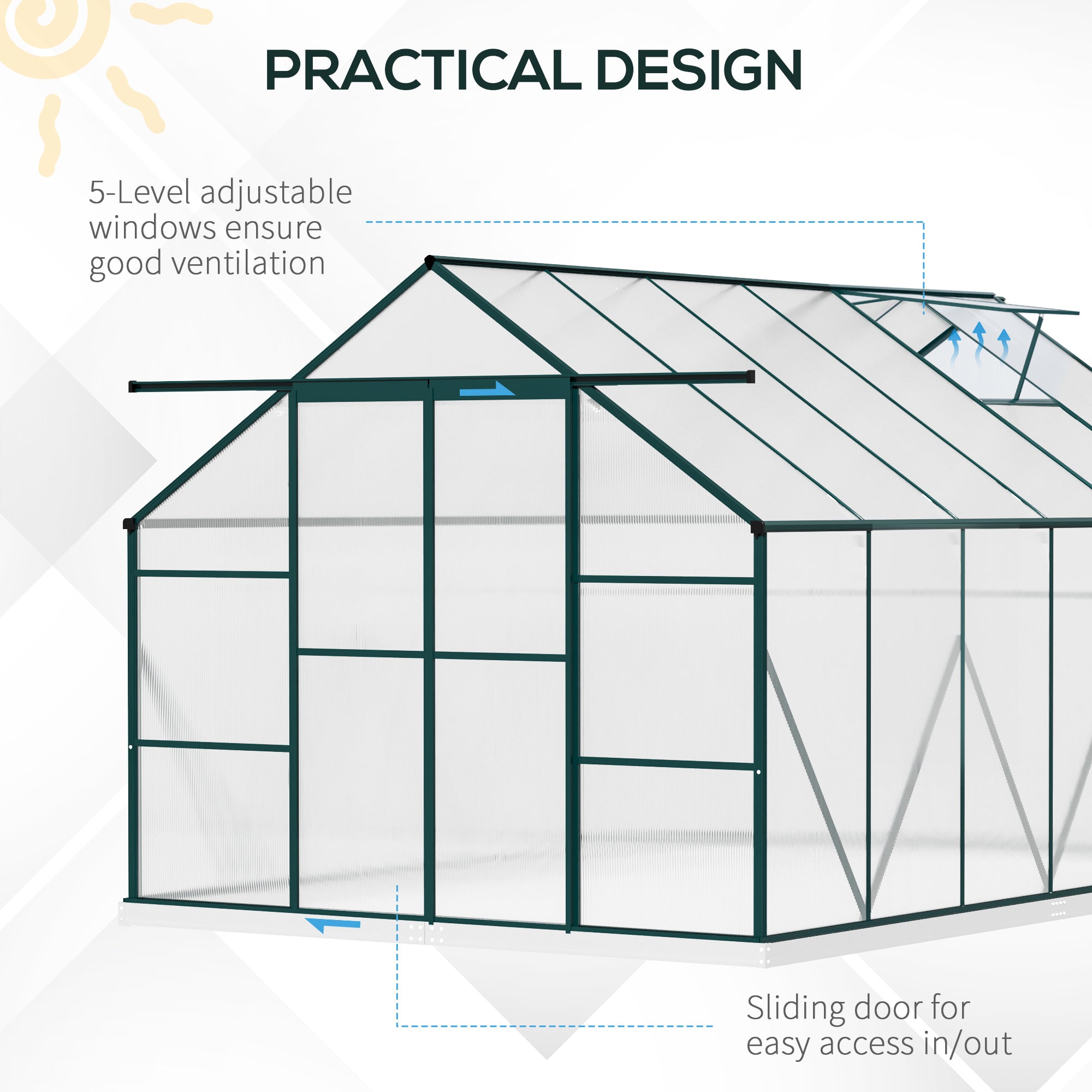 Aluminium Greenhouse Polycarbonate Walk-in Garden Greenhouse Kit with Adjustable Roof Vent, Rain Gutter and Foundation, 8 x 12ft, Clear