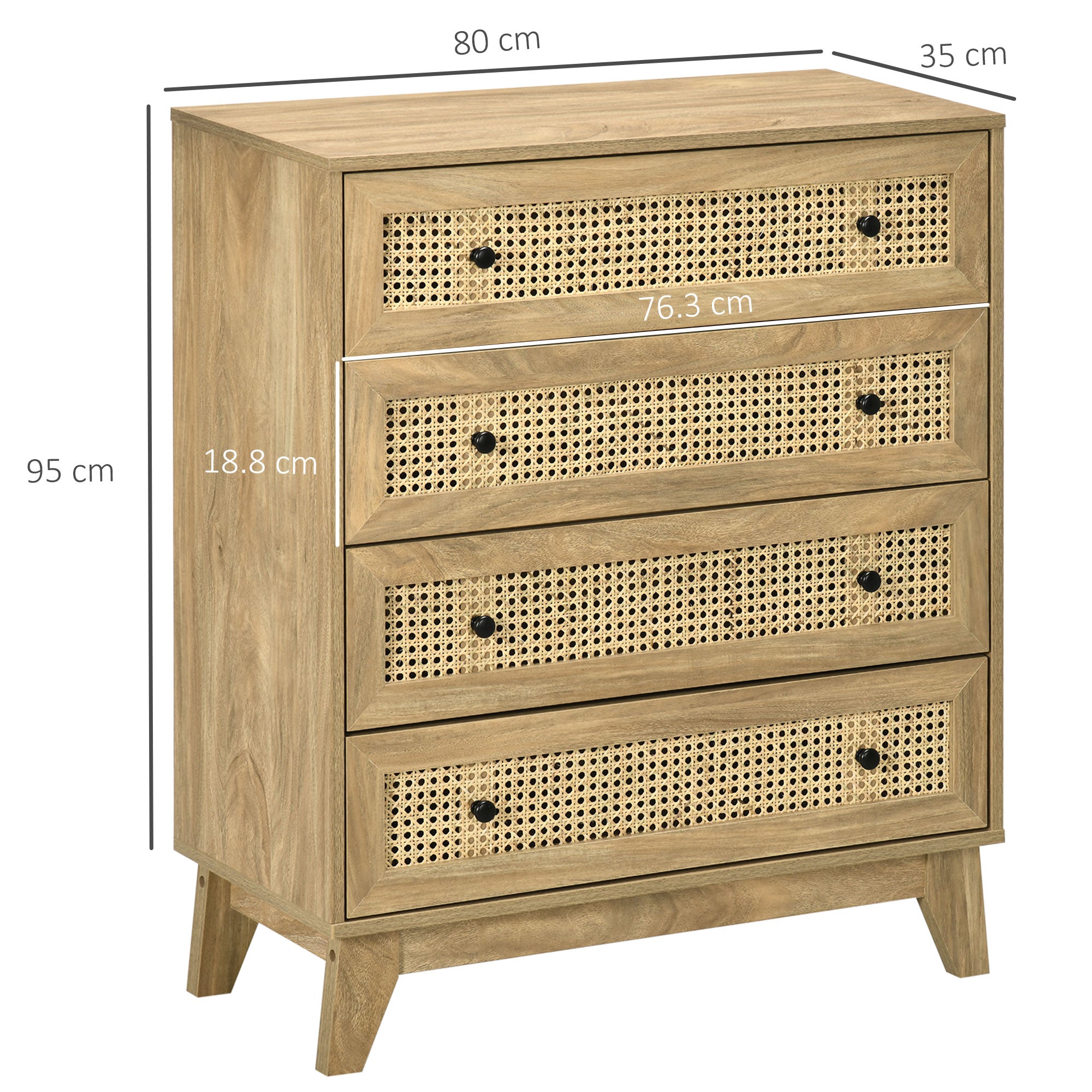 Storage Cabinet, 4-Drawer Unit with Rattan Element for Bedroom, Living Room, 80cmx35cmx95cm, Wood Effect