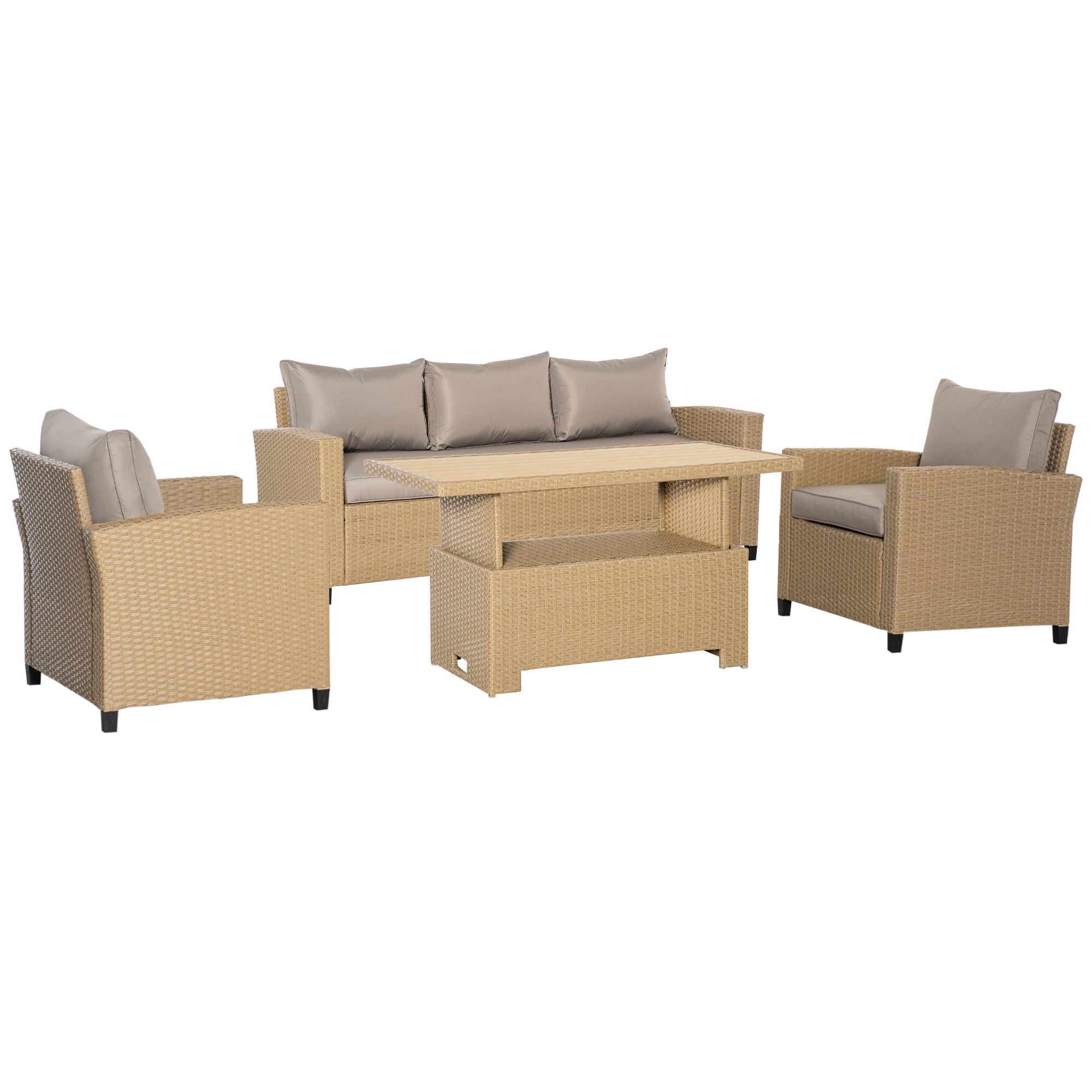 5-Seater Garden PE Rattan Sofa Set, Patio Wicker Aluminium Frame Conversation w/ Wood Grain Plastic Table, Khaki