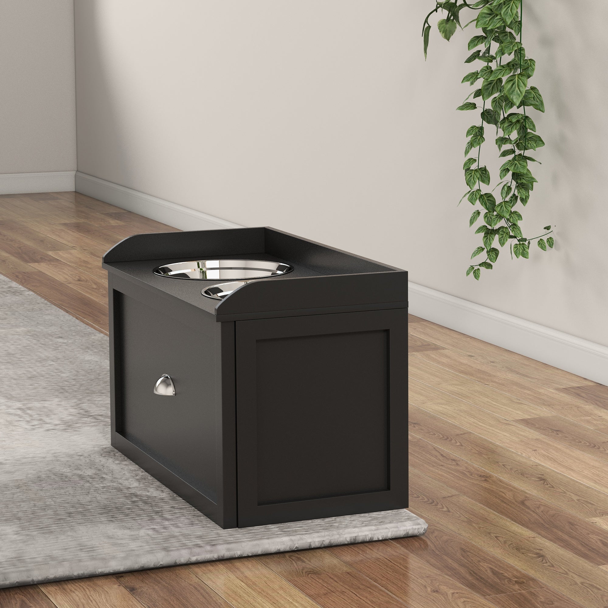 Raised Stainless Steel Dog Bowls with 21L Storage Drawer for Large Dogs and Cats - Black