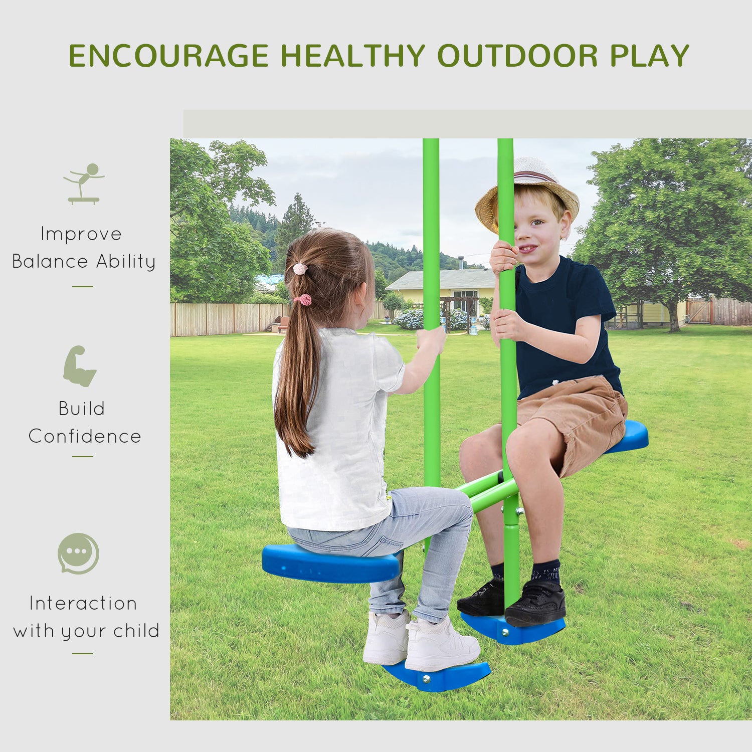 2 Piece Metal Swing and Seesaw Set with Adjustable Height - Green