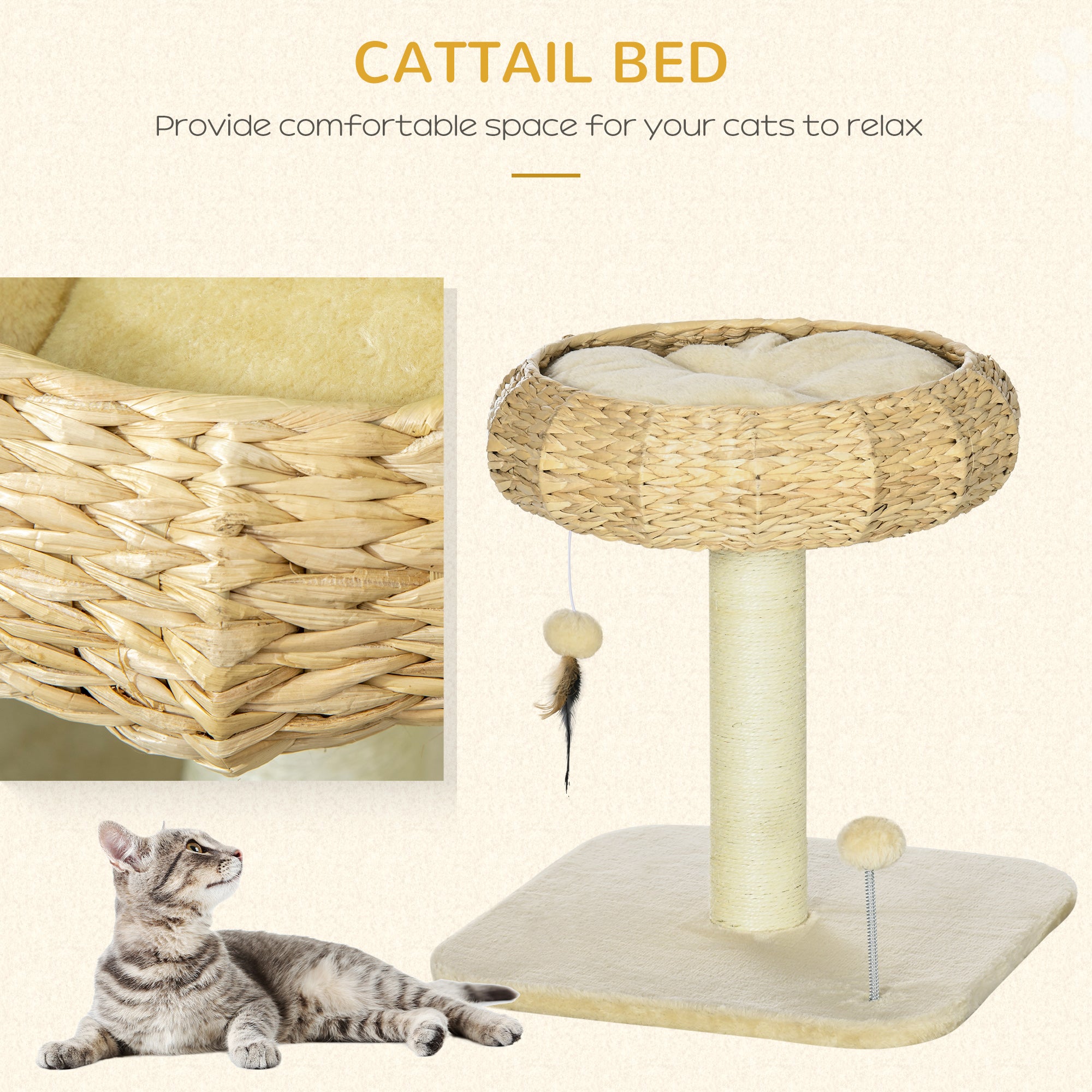 51cm Cat Tree, Kitty Activity Center, Cat Climbing Toy, Cat Tower with Cattail Bed Ball Toy Sisal Scratching Post, Beige