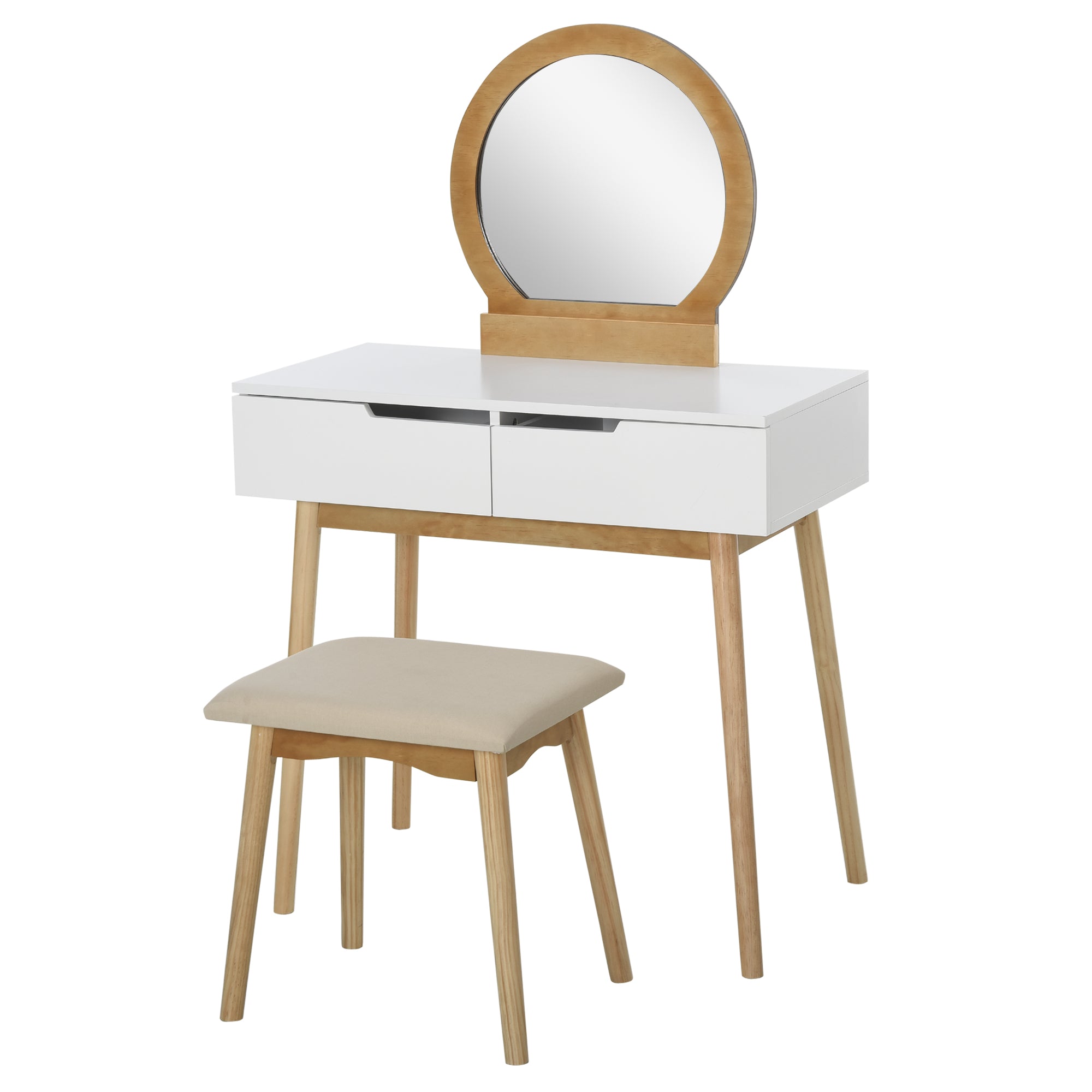 Dressing Table & Stool Set w/ Drawers Mirror Modern Elegant Vanity Makeup Padded Seat Home Bedroom Beauty Furniture Natural Brown