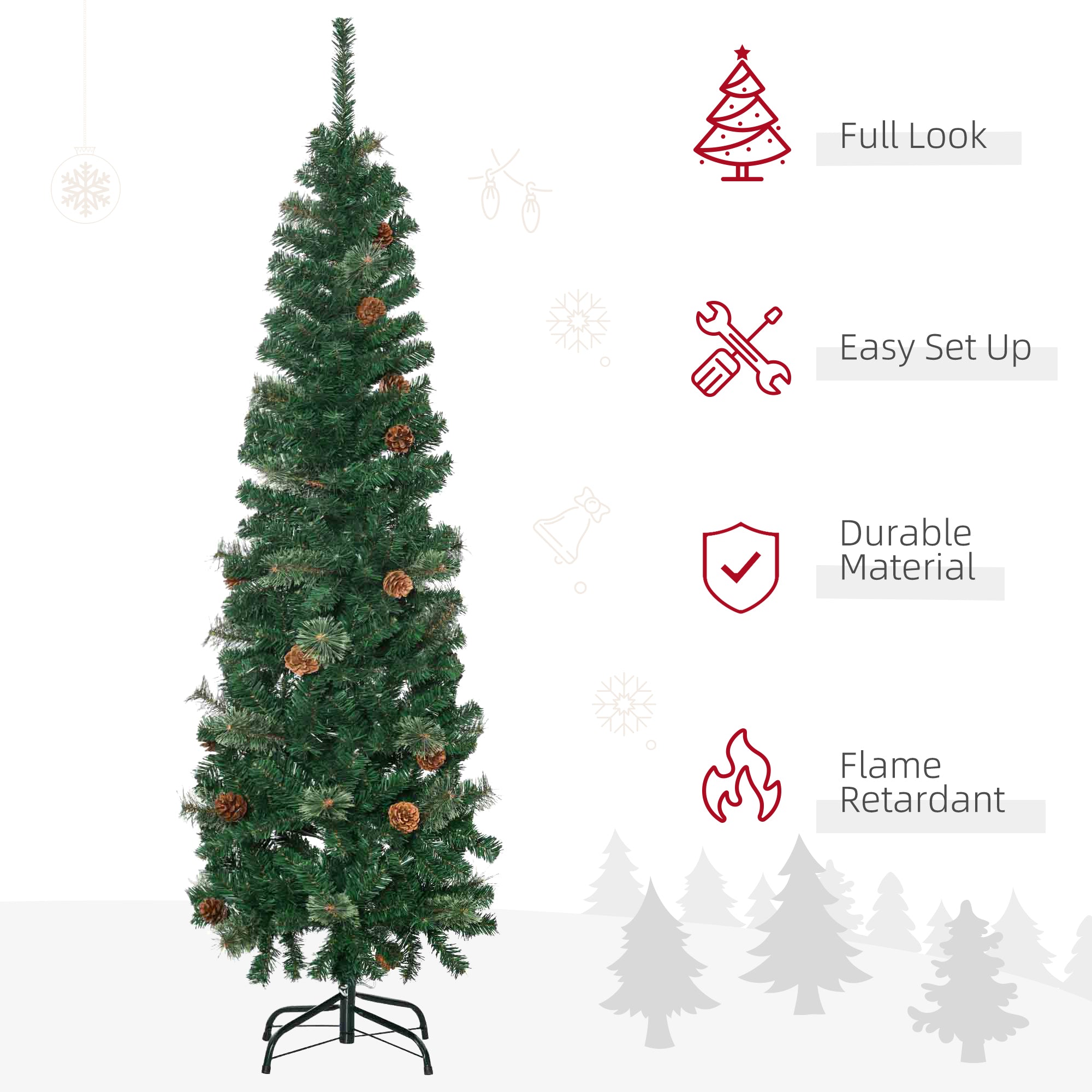 5.5' Tall Pencil Slim Artificial Christmas Tree with Realistic Branches, 412 Tip Count and 21 Pine Cones, Pine Needles Tree, Xmas Decoration