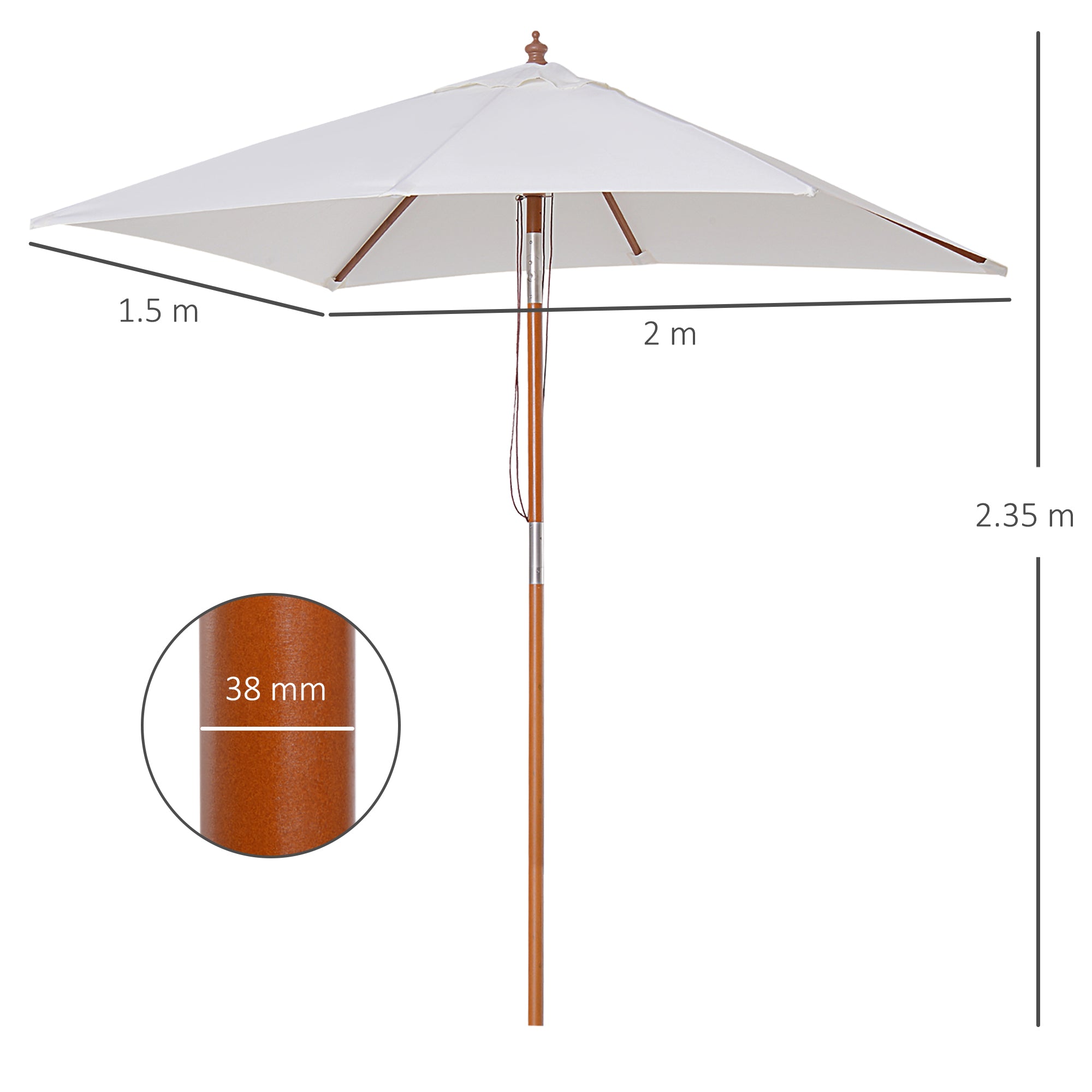 2m x 1.5m Patio Garden Parasol Sun Umbrella Sunshade Canopy Outdoor Backyard Furniture Fir Wooden Pole 6 Ribs Tilt Mechanism - Cream White