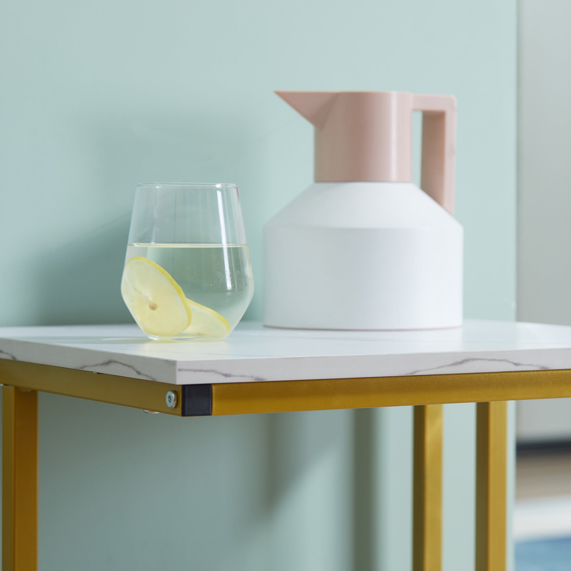 Side Table, Doule Layer End Table, Modern Coffee Table with Steel Frame and Adjustable Non-Slip Feet for Living room, Bedroom, White