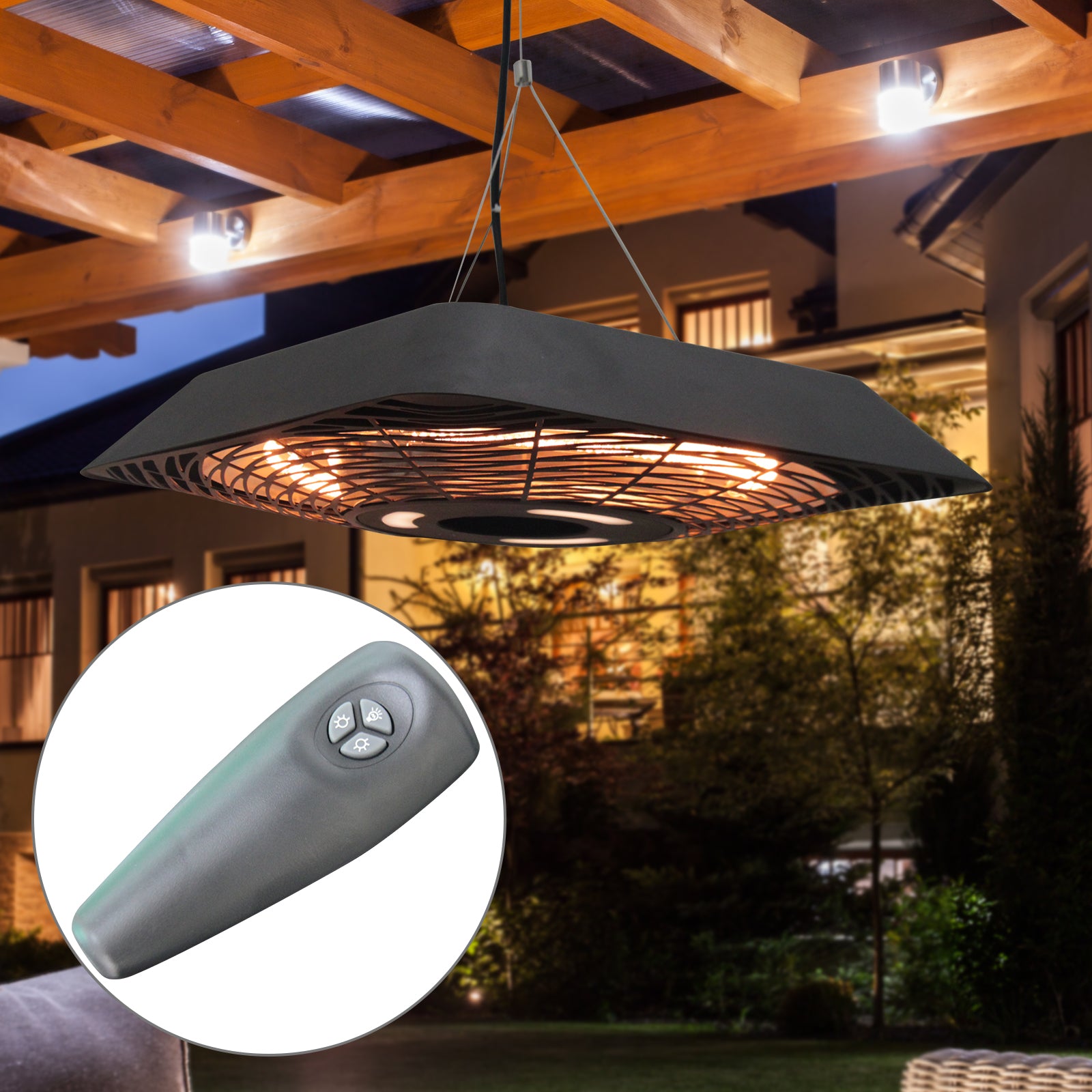 2000W Electric Hanging Patio Heater Ceiling Mounted Halogen Heating Indoor Outdoor with Remote Control Aluminium