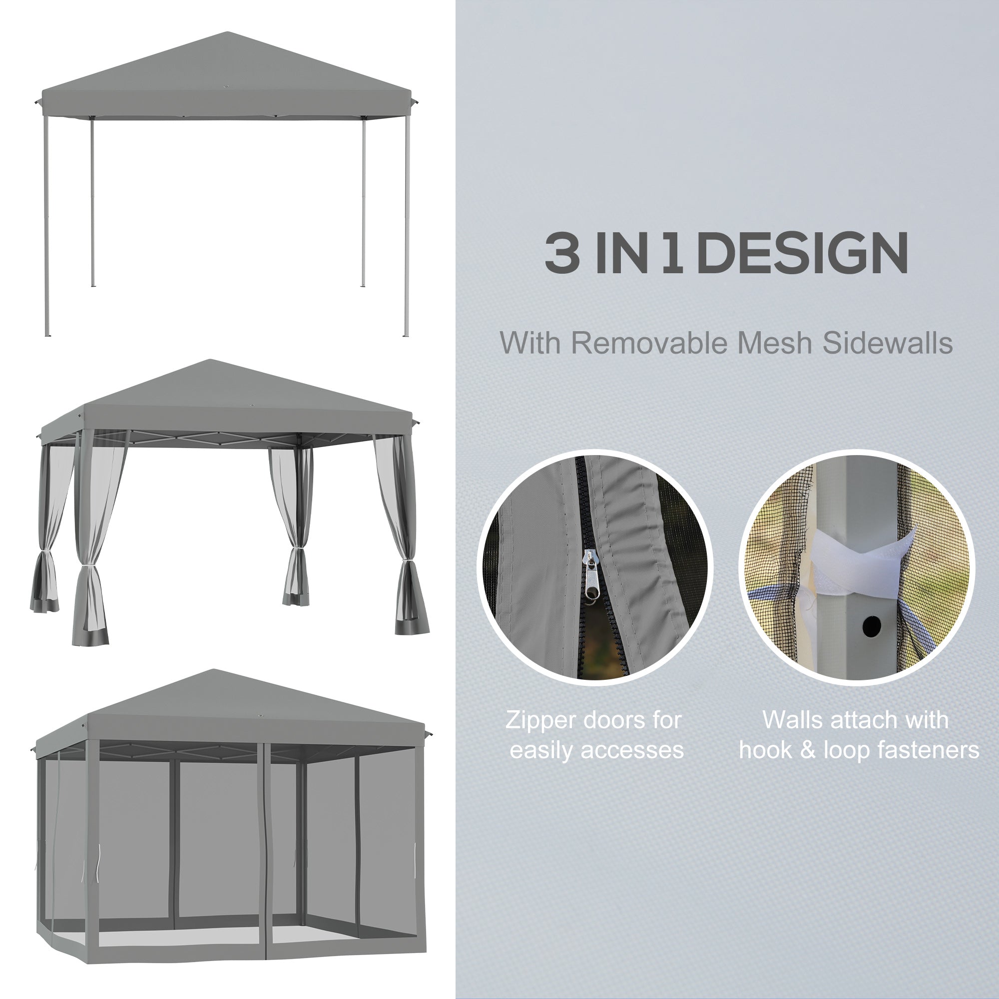 3-Piece 3x3m Pop Up Garden Gazebo Set with Removable Mesh Walls - Light Grey