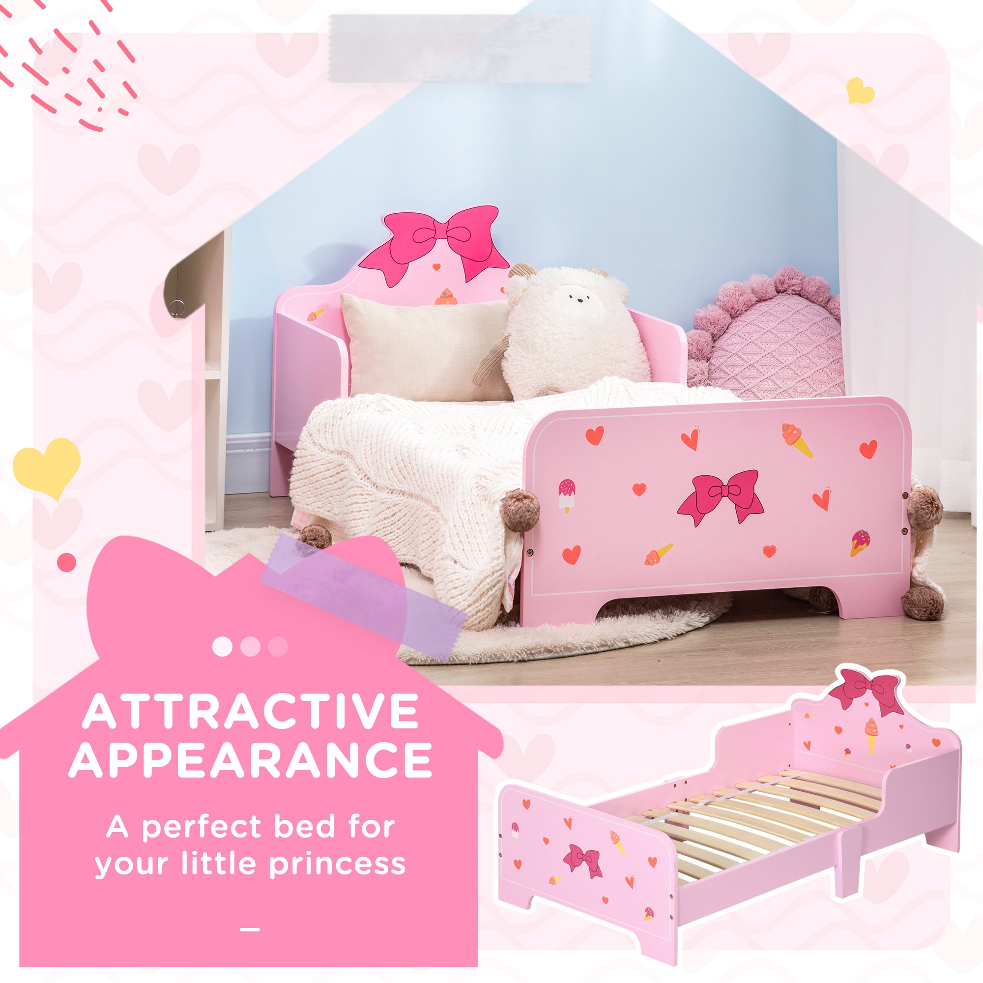 Princess-themed Kids Toddler Bed with Cute Patterns, Safety Side Rails Slats, Kids Bedroom Furniture for 3-6 Years, Pink, 143 x 74 x 59 cm