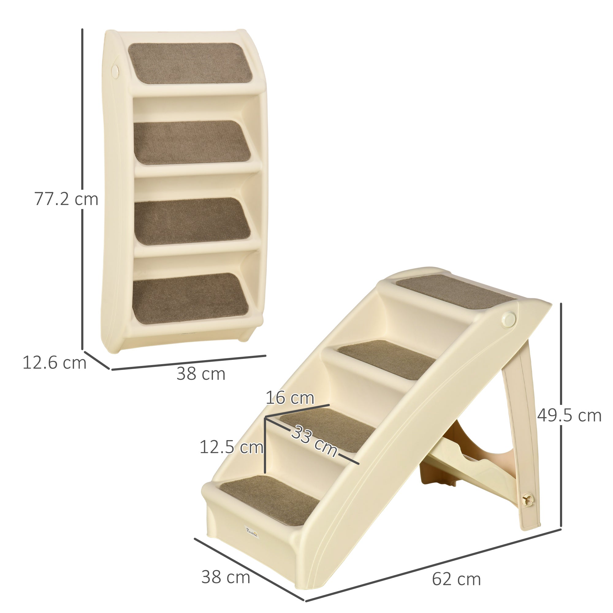 Foldable Pet Stairs, 4-Step for Cats Small Dogs with Non-slip Mats, 62 x 38 x 49.5 cm, Beige