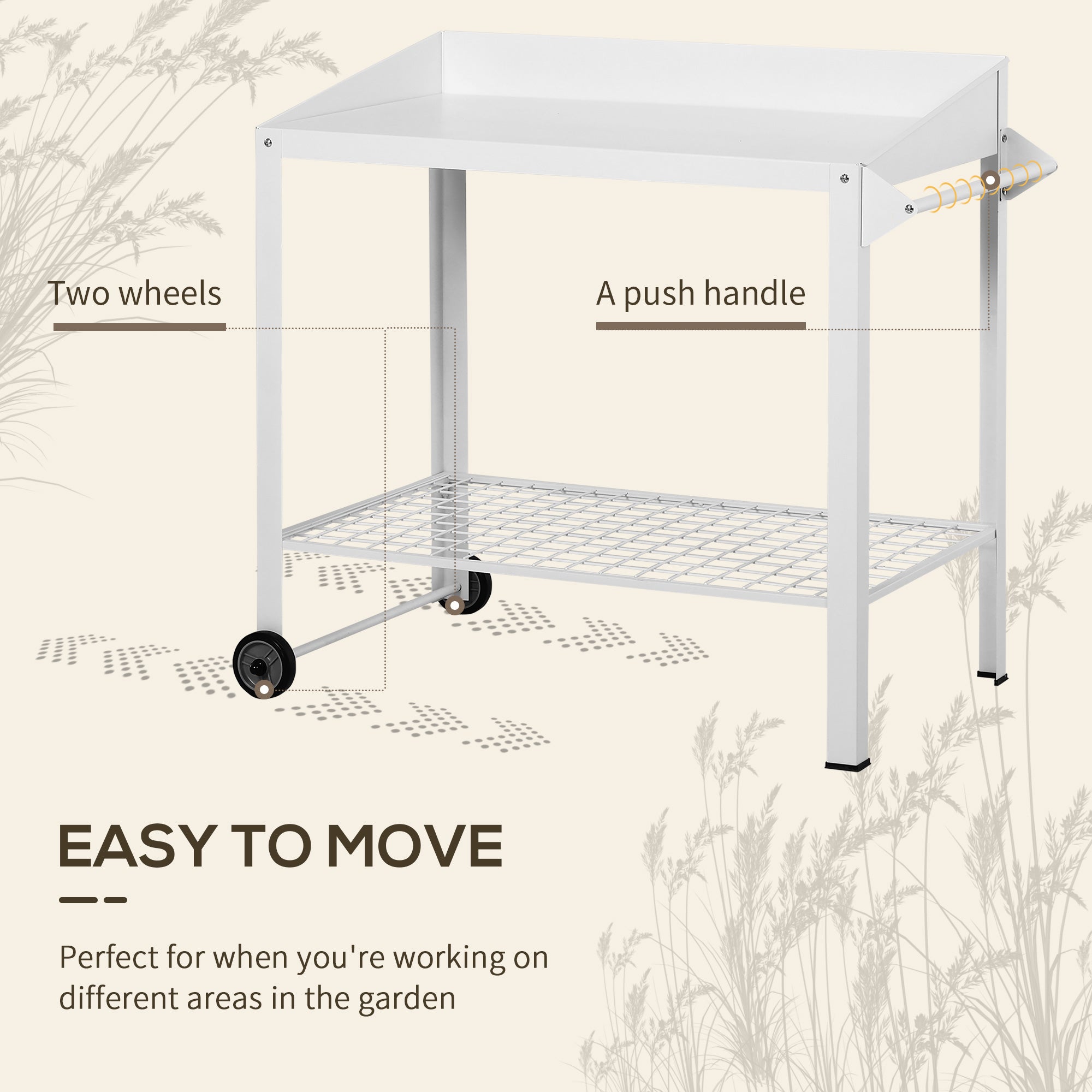 Garden Outdoor Metal Potting Table Bench Planting Workstation Push Cart with Wheels Side Hanger - White