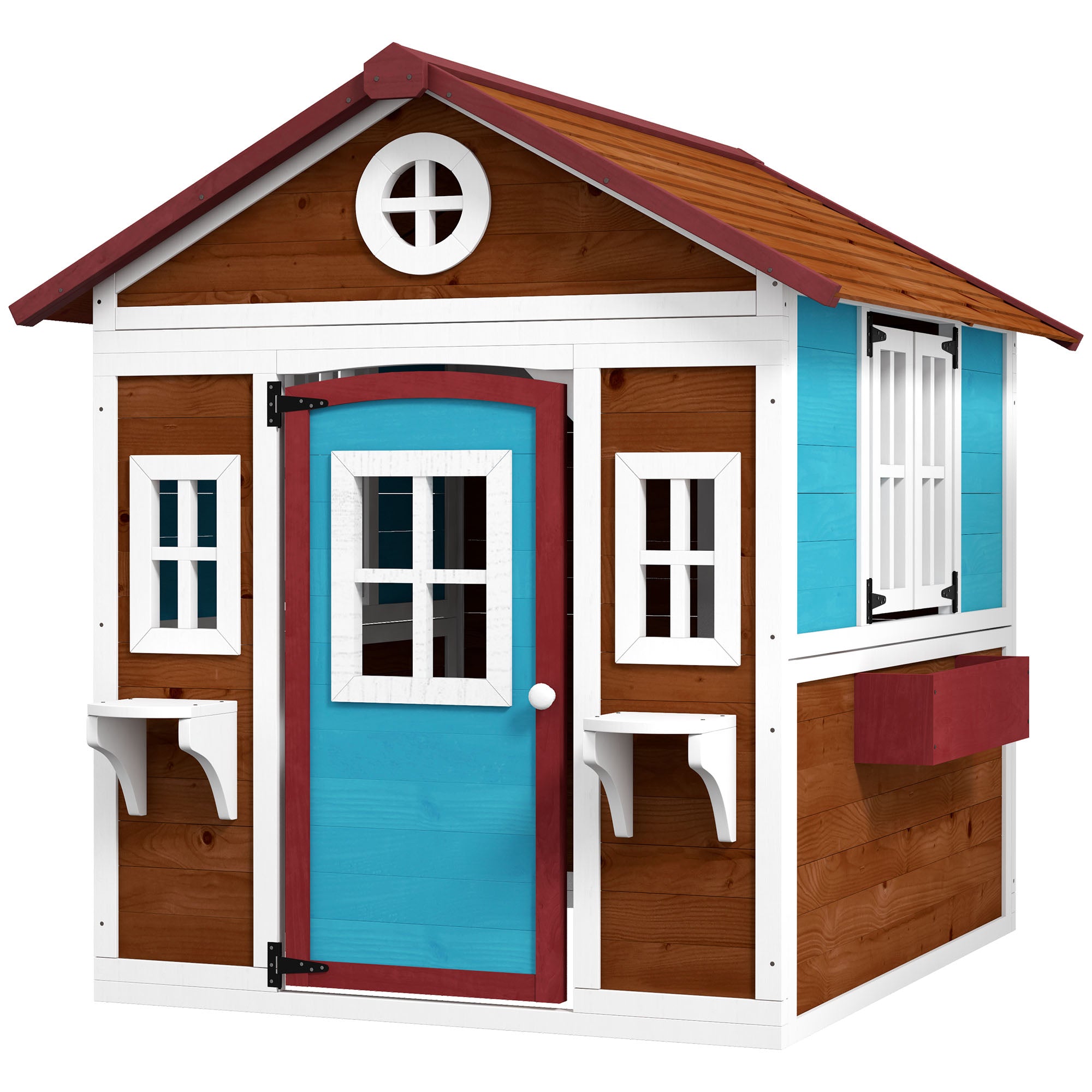 Wooden Playhouse with Doors, Windows, Plant Pots, Boxes, for 3-8 Years - Dark Brown