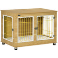 Dog Crate Furniture Double Door with Soft Cushion and End Table - Oak Tone