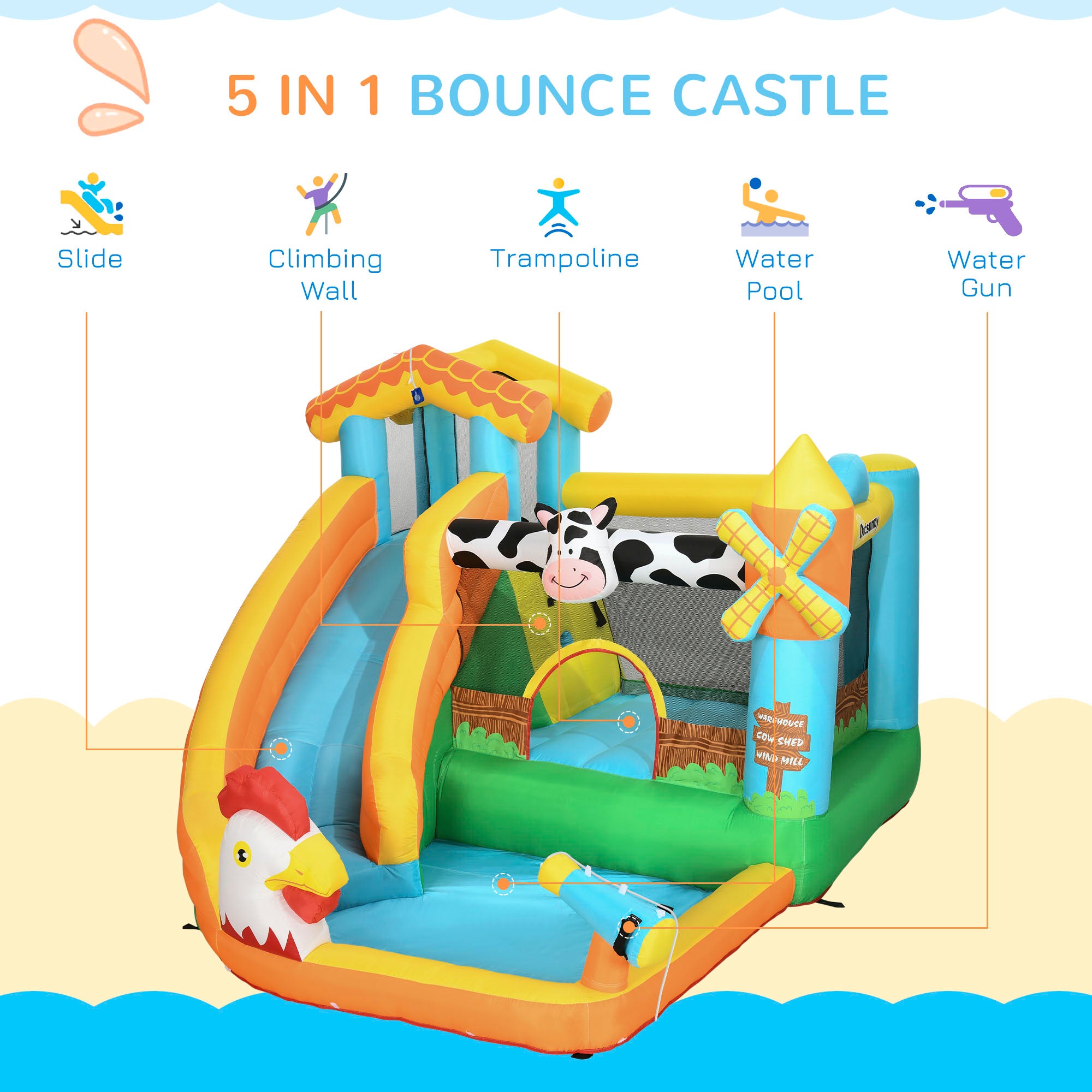 5 in 1 Kids Bounce Castle Farm Style Inflatable House with Slide Trampoline Pool Water Cannon Climbing Wall Inflator Carry bag for Ages 3-8