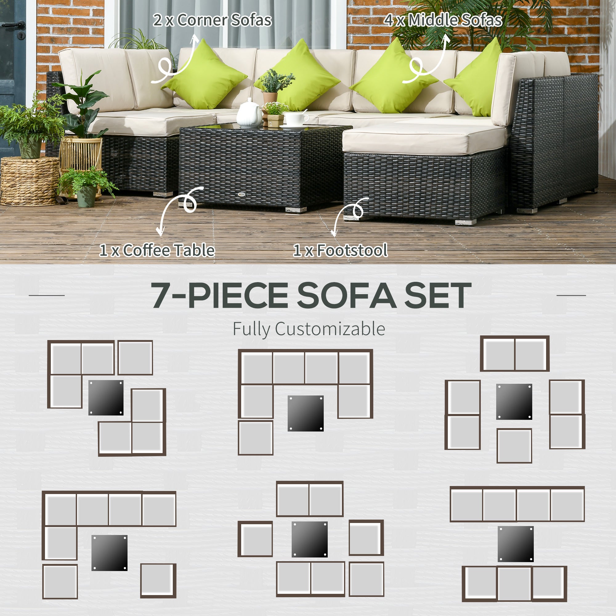 7-Seater PE Rattan Garden Wicker Corner Sofa Set with Cushions & Tempered Glass Table - Brown