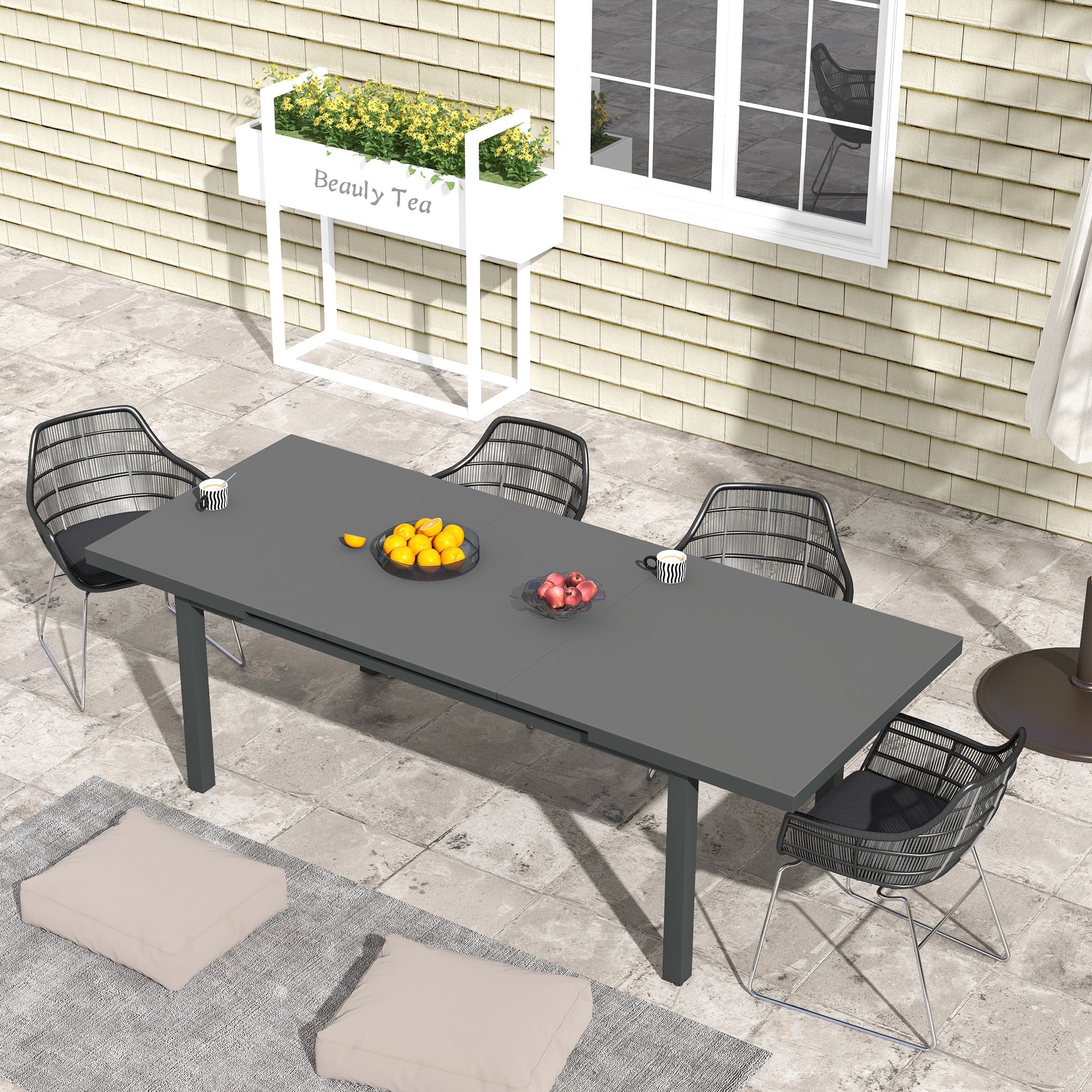 Aluminium Garden Table for 6-8, Extending Outdoor Dining Table Rectangle for Lawn Balcony - Charcoal Grey