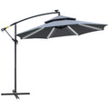 3m Cantilever Banana Parasol with Double Roof, Solar LED Lights, Crank & Cross Base - Grey
