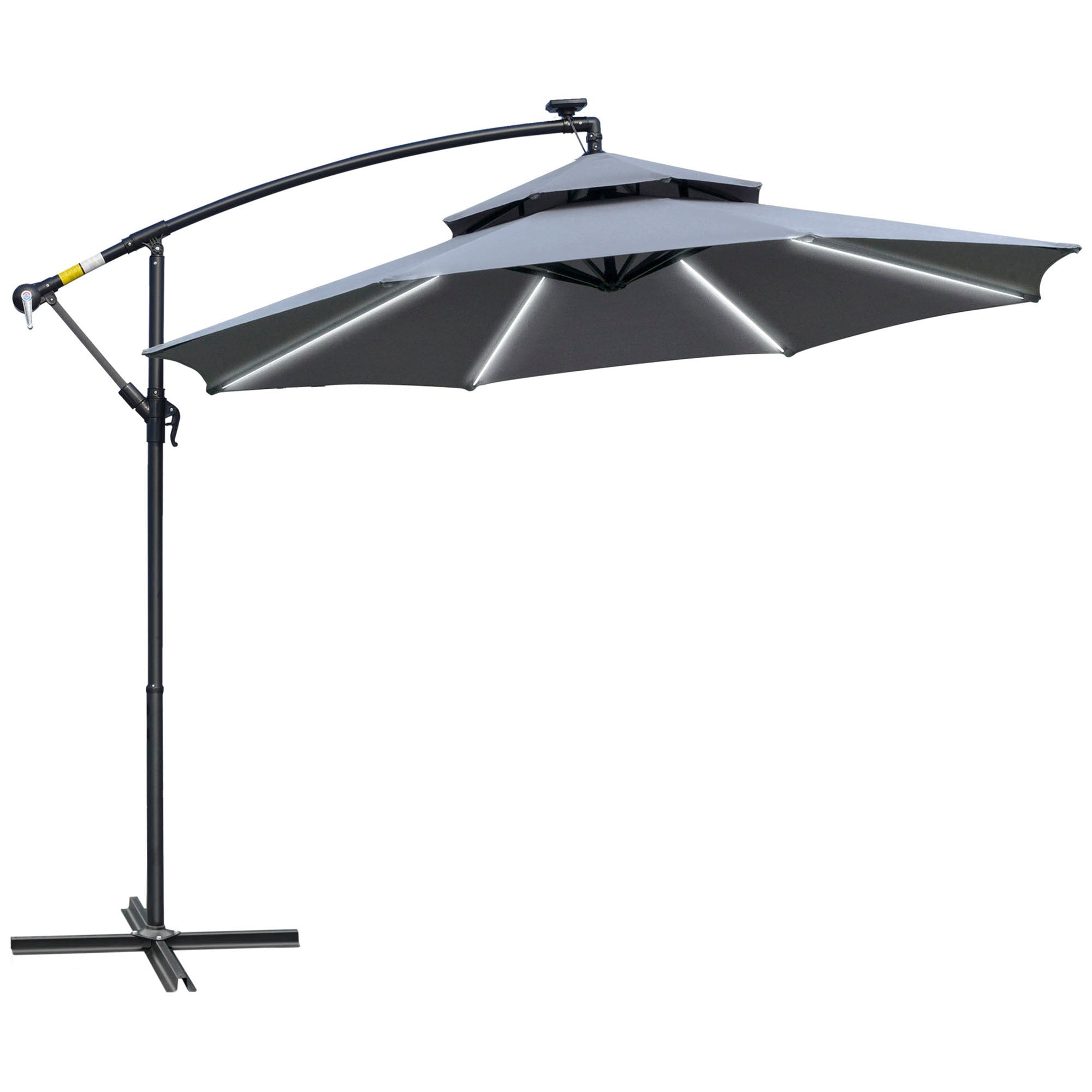 3(m) Cantilever Banana Parasol Hanging Umbrella with Double Roof, LED Solar lights, Crank, 8 Sturdy Ribs and Cross Base for Outdoor, Garden