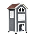 Wooden Outdoor Cat House with 2 Floors and Weatherproof Roof - Grey and White
