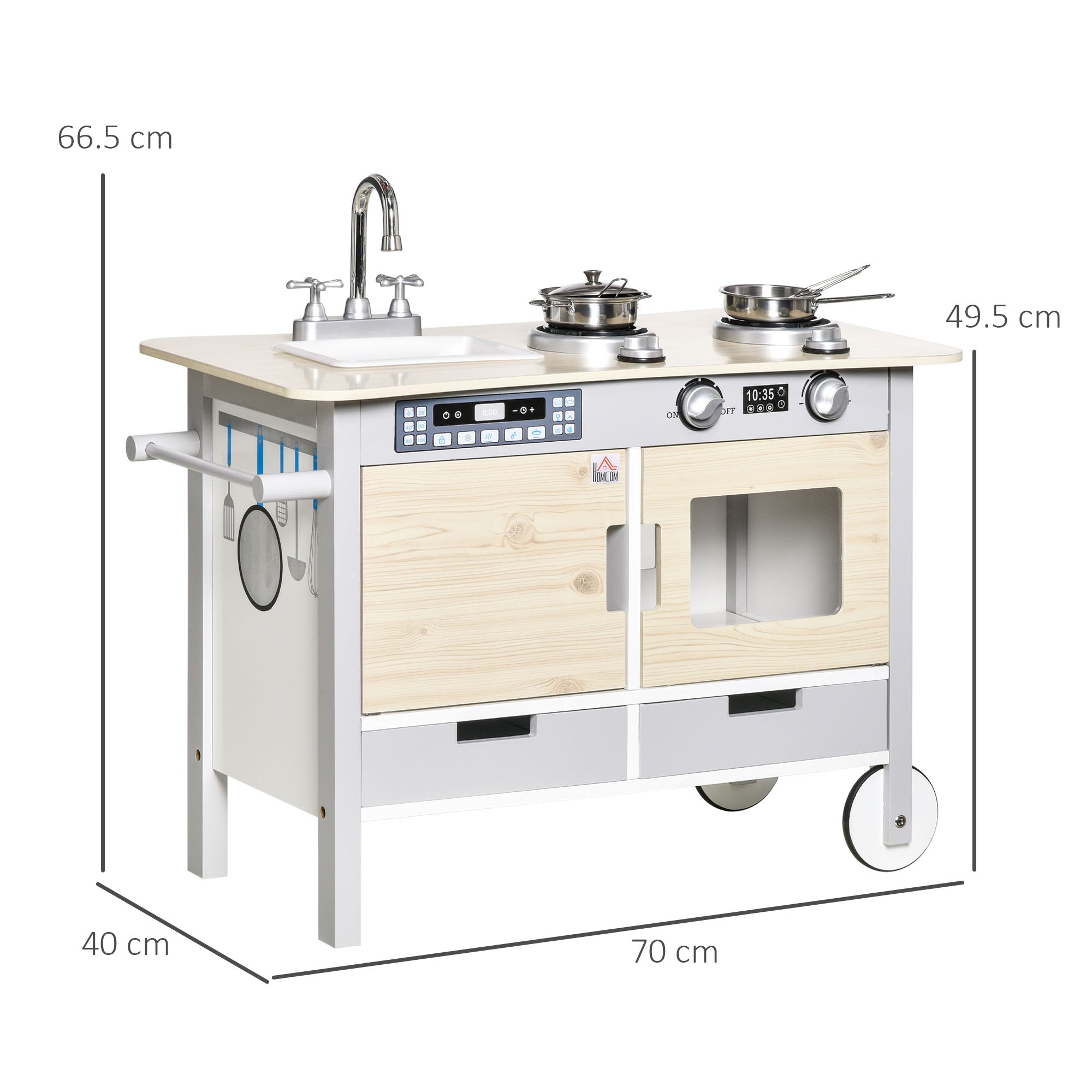 Kids Kitchen Play Cooking Toy Set, Educational Pretend Role Playset Game with Wheels, Sink, Cooking Bench, Drawers, Nature Wood