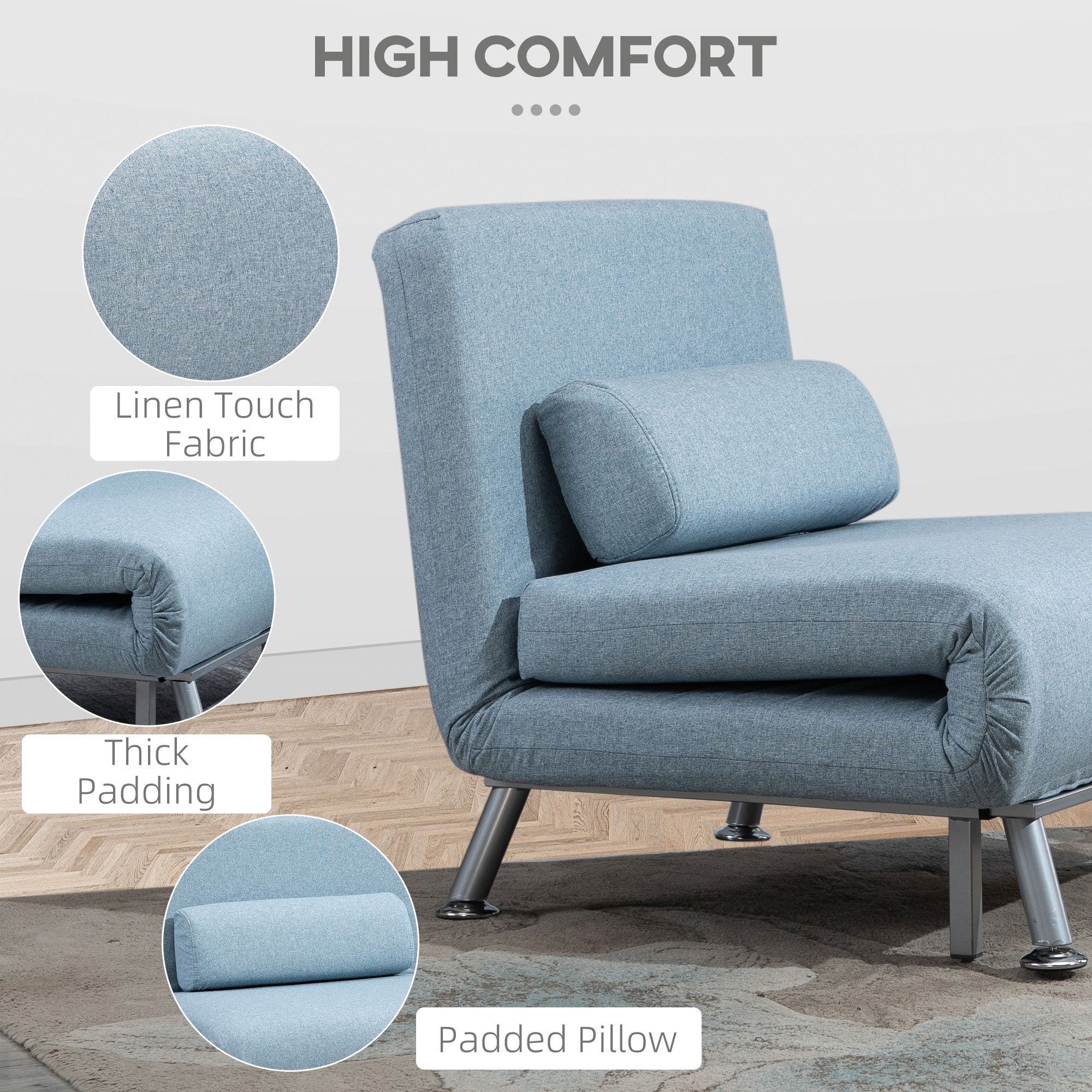 Single Sofa Bed Sleeper Foldable Portable Pillow Lounge Couch Living Room Furniture - Blue