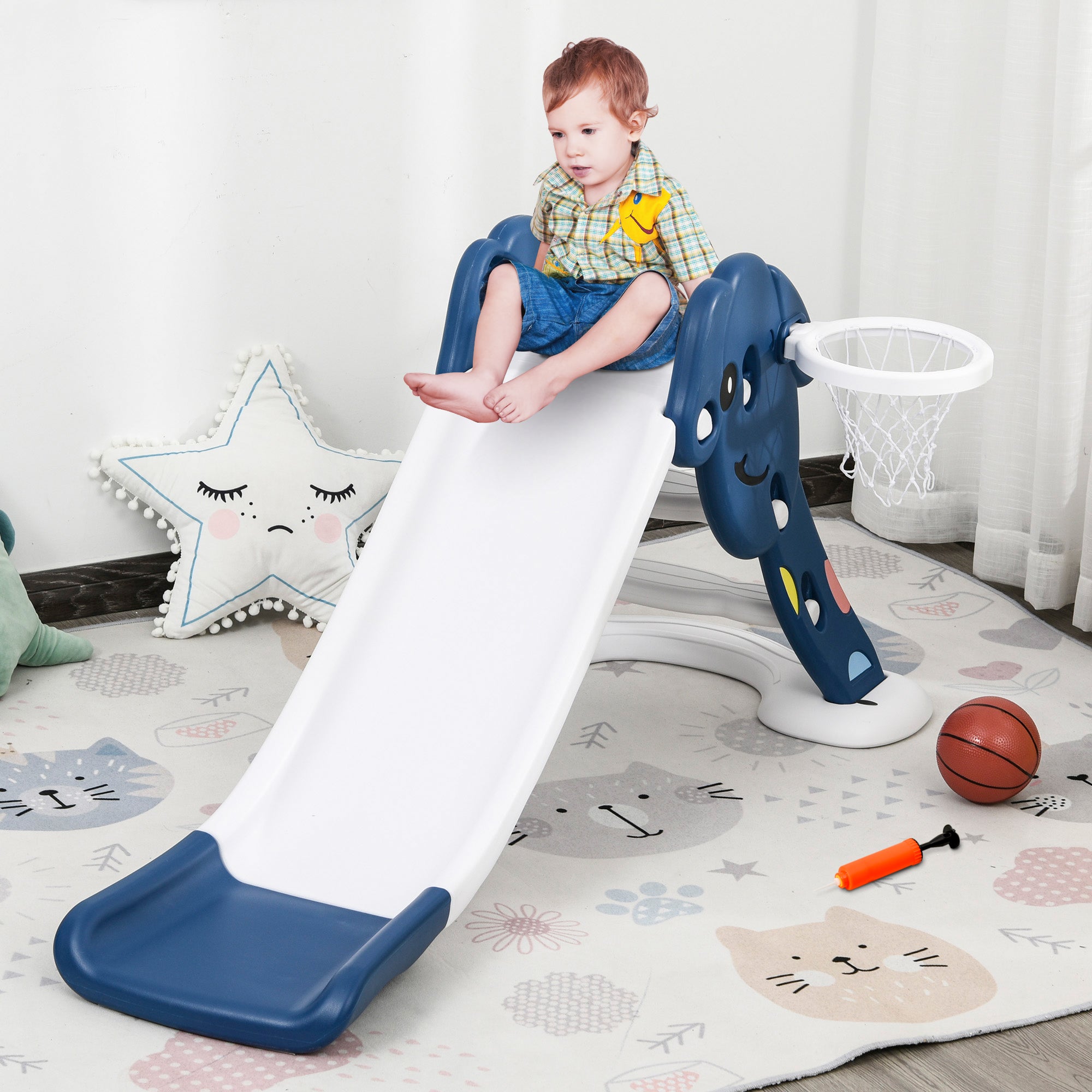 Kids Slide with Basketball Hoop Toddler Climber Freestanding Slider Playset Playground Slipping Slide Indoor Outdoor Exercise Toy Blue