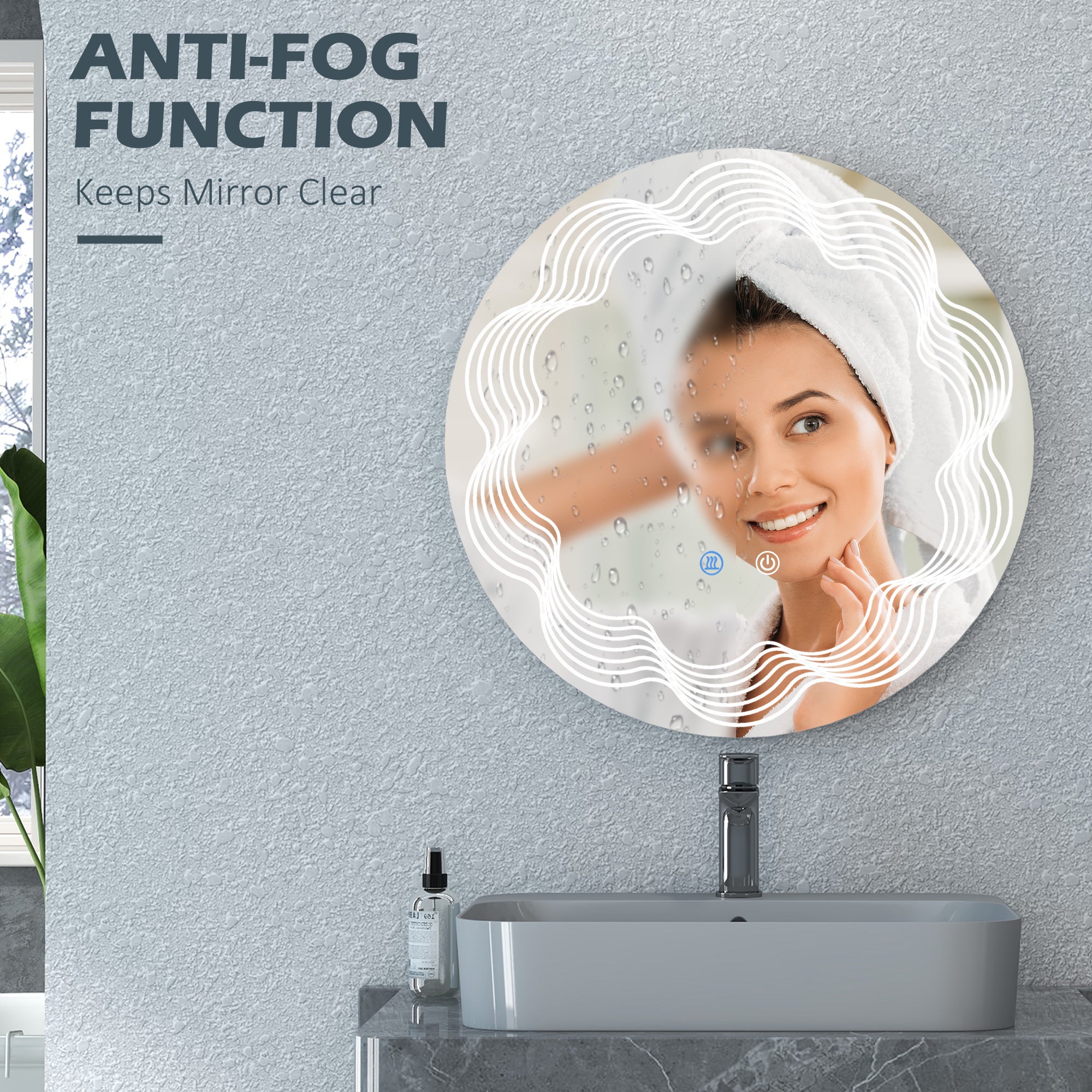 Round Illuminated Bathroom Mirrors w/ LED Dimming Lighted , Wall Mounted Vanity Mirror w/ 3 Colour, Smart Touch, Anti-Fog, 60cm