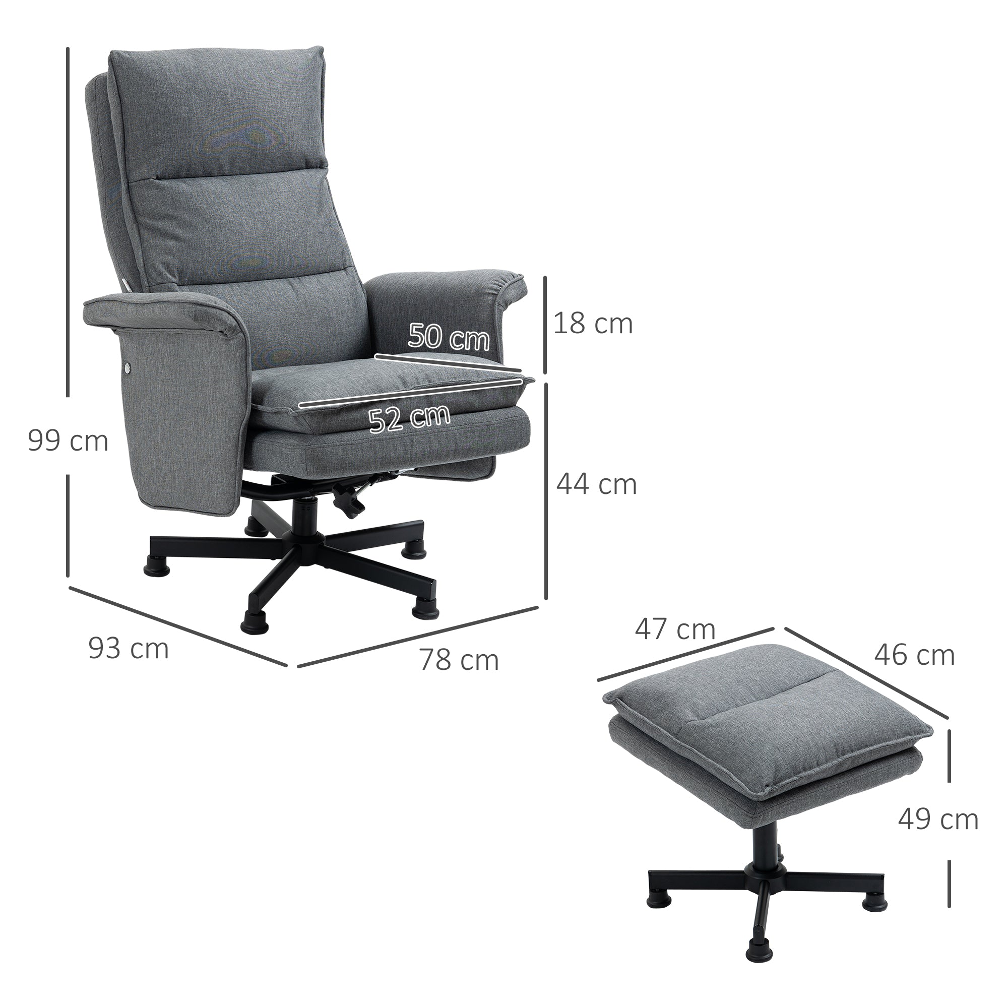 Swivel Recliner Chair and Footstool, Upholstered Massage Recliner Armchair with Remote Control, Timer and Steel Base, Grey