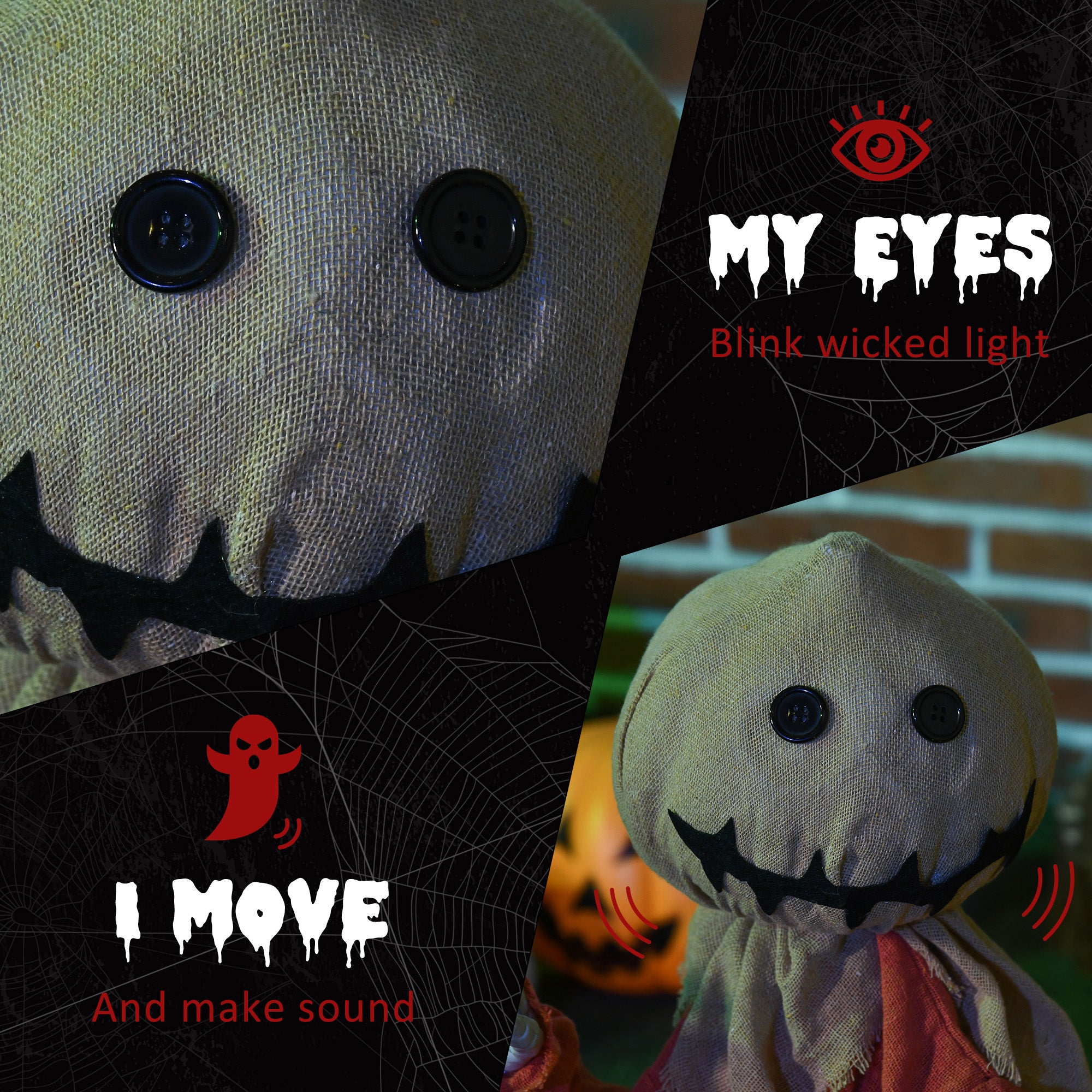 80cm Halloween Scarecrow Decoration with Light-Up Eyes and Sound Activation - Multi-Coloured