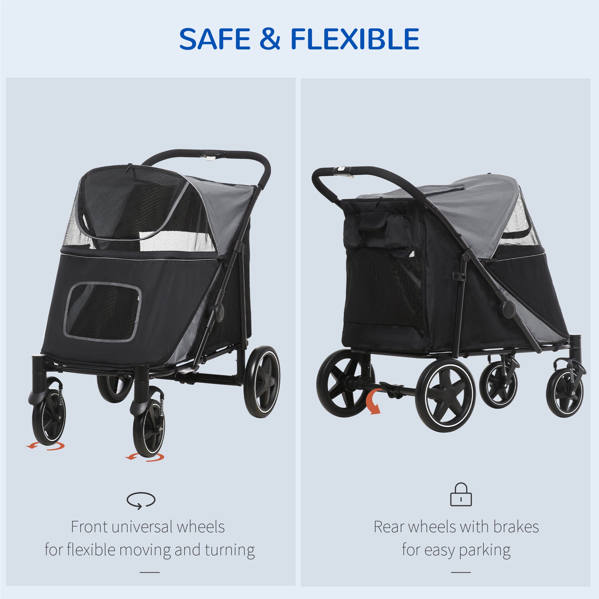 4 Wheel Pet Stroller with Rain Cover for Medium and Large Dogs - Black