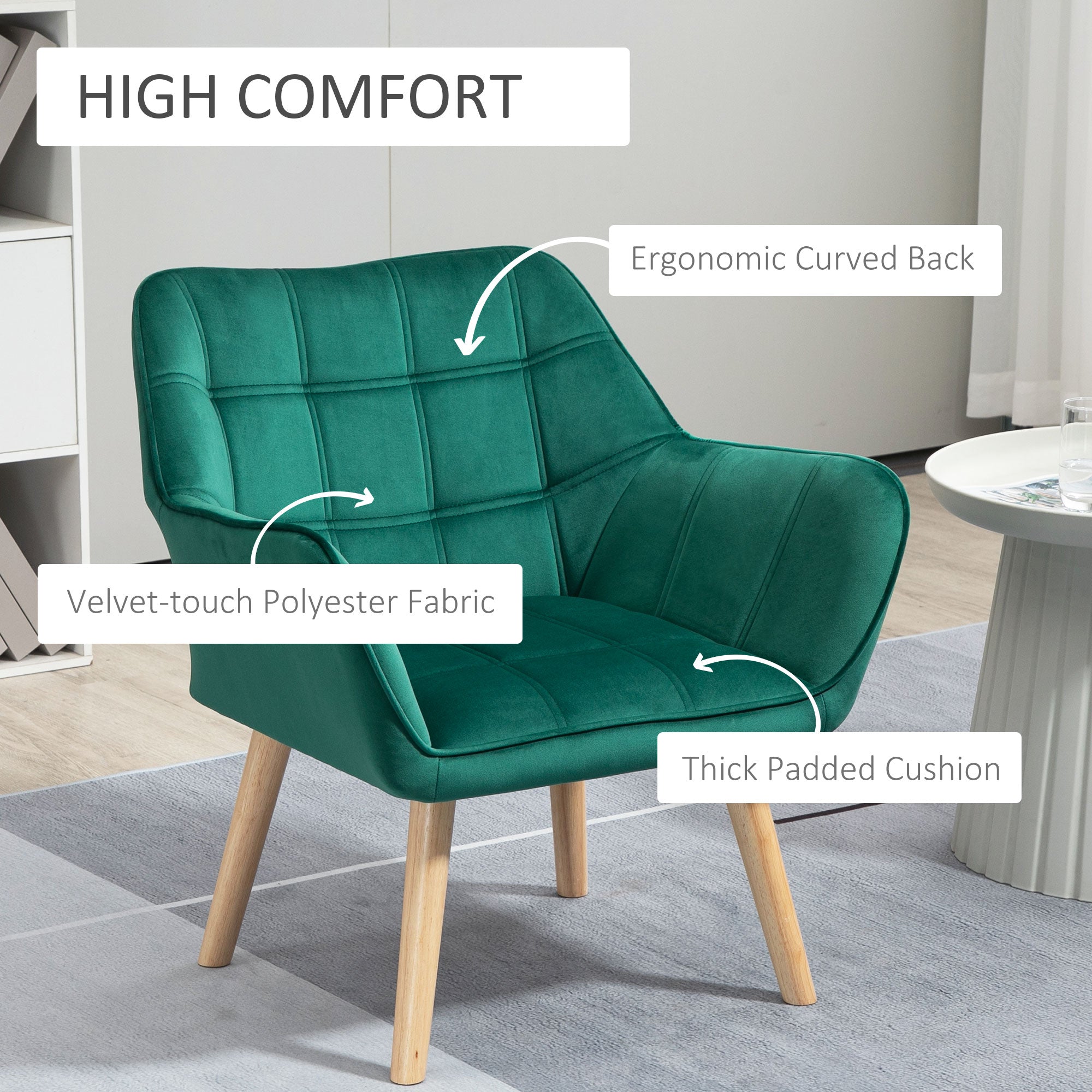 Accent Chair, Arm Chair with Wide Arms, Slanted Back, Thick Padding and Rubber Wooden Legs for Living Room, Green