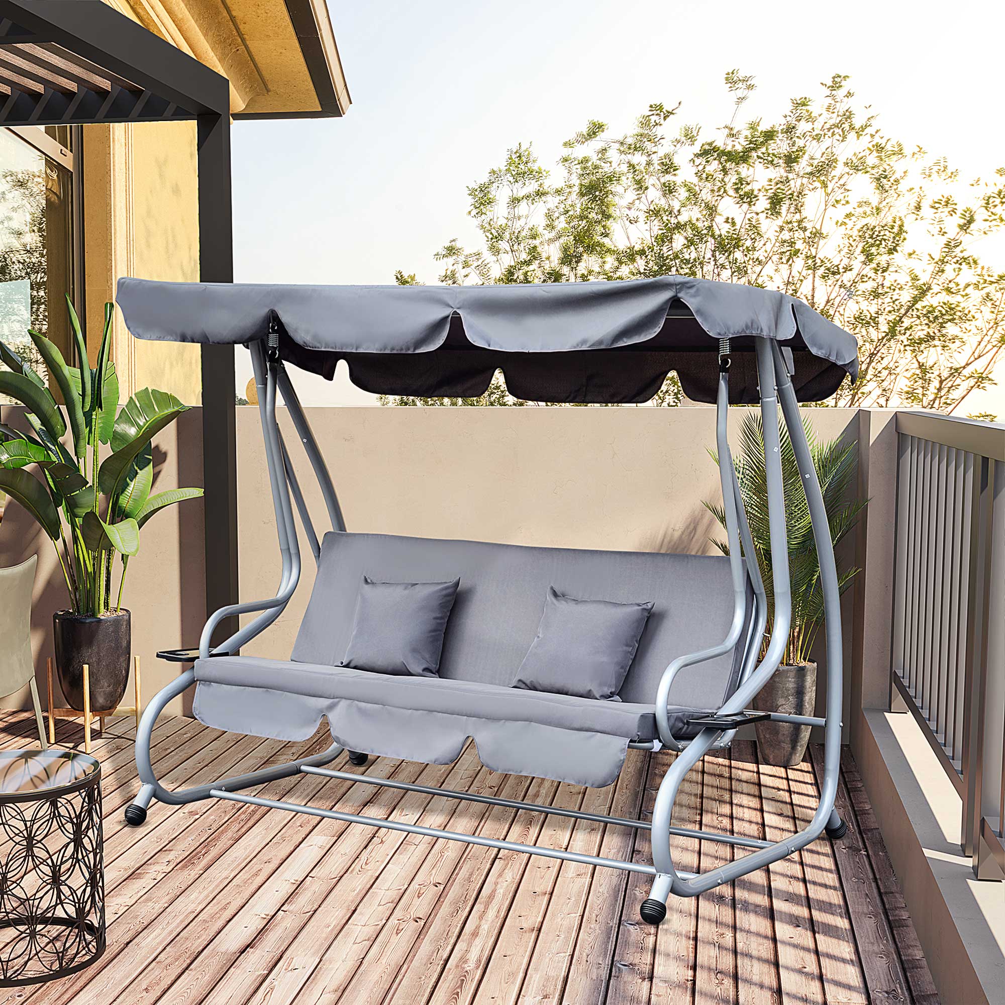 2-in-1 Garden Swing Seat Bed 3 Seater Swing Chair Hammock Bench Bed with Tilting Canopy and 2 Cushions, Grey