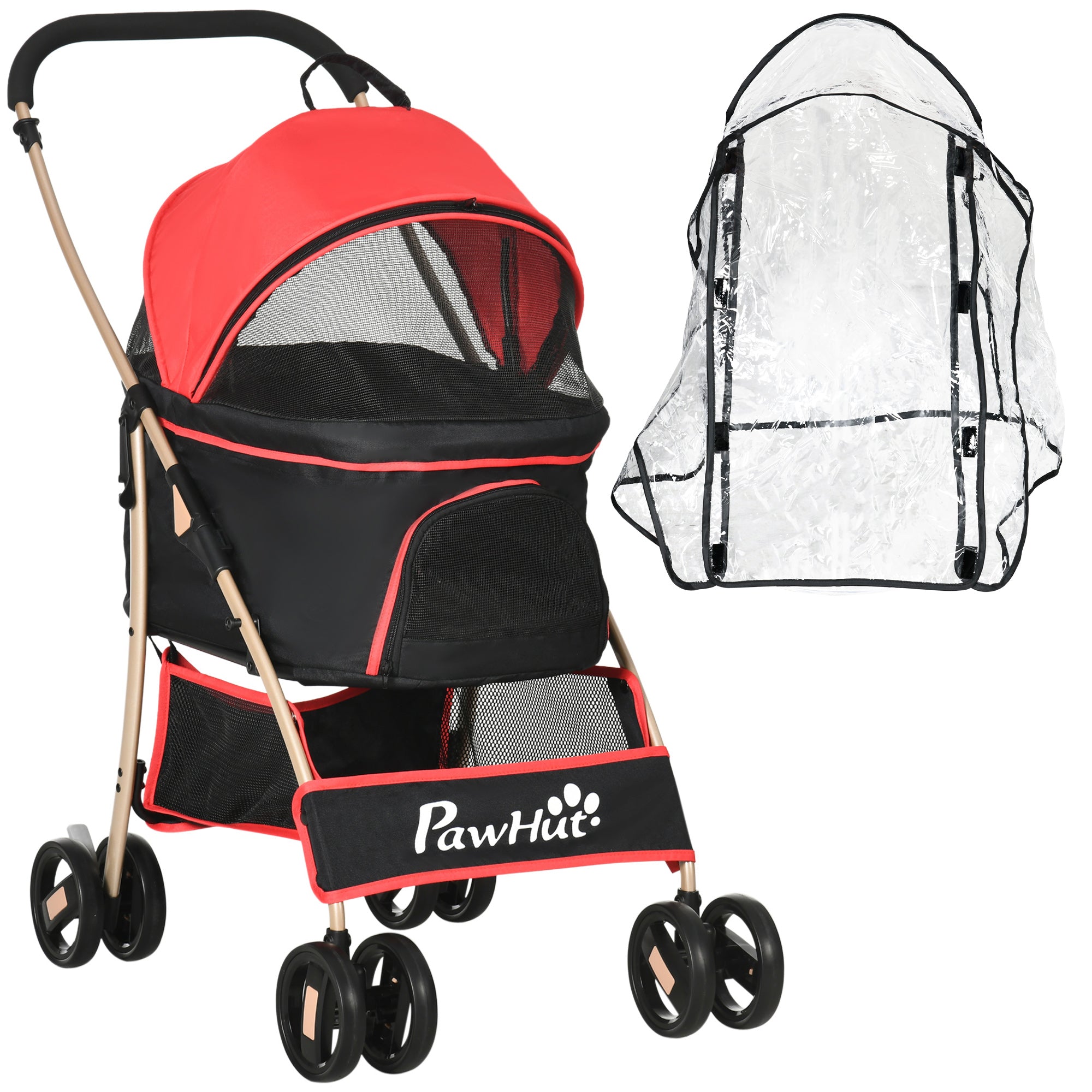 Detachable Pet Stroller with Rain Cover, 3 In 1 Cat Dog Pushchair, Foldable Carrying Bag w/ Universal Wheels, Brake, Canopy, Basket