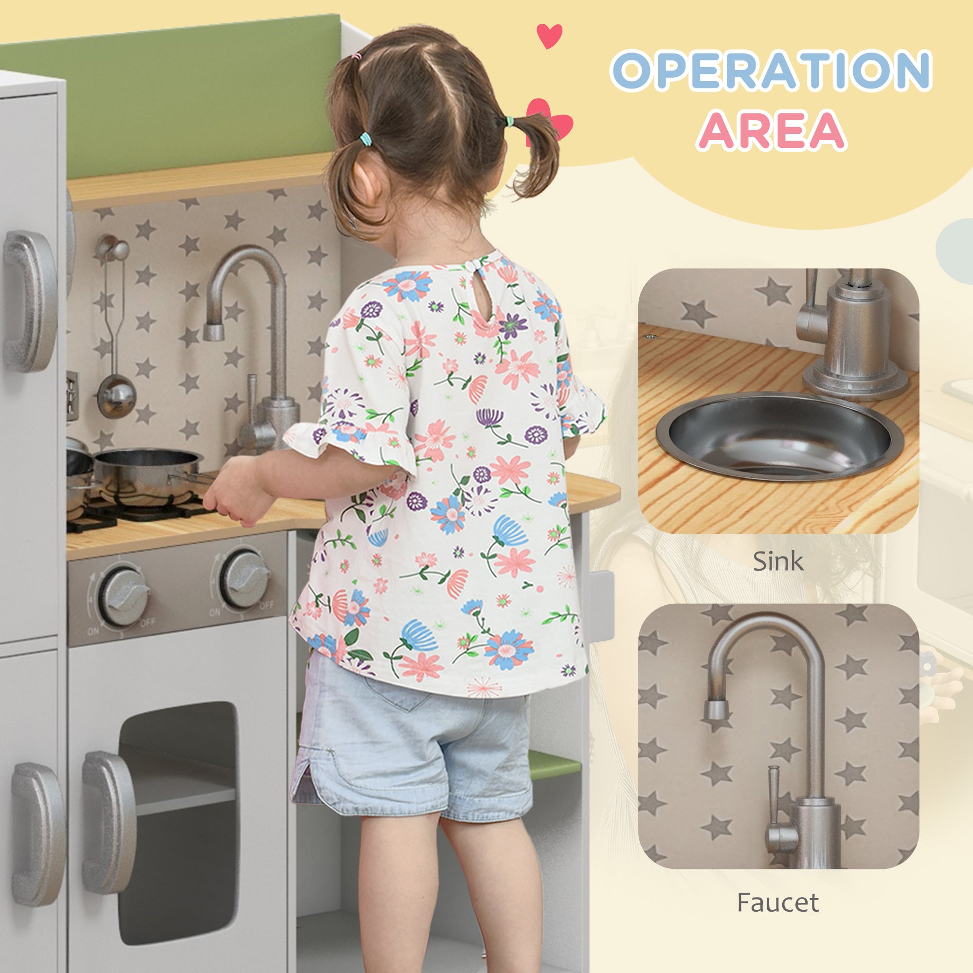 Toy Kitchen, Kids Play Kitchen Role Playing Game with Phone, Ice Maker, Stove, Sink, Utensils, for 3-6 Years, White