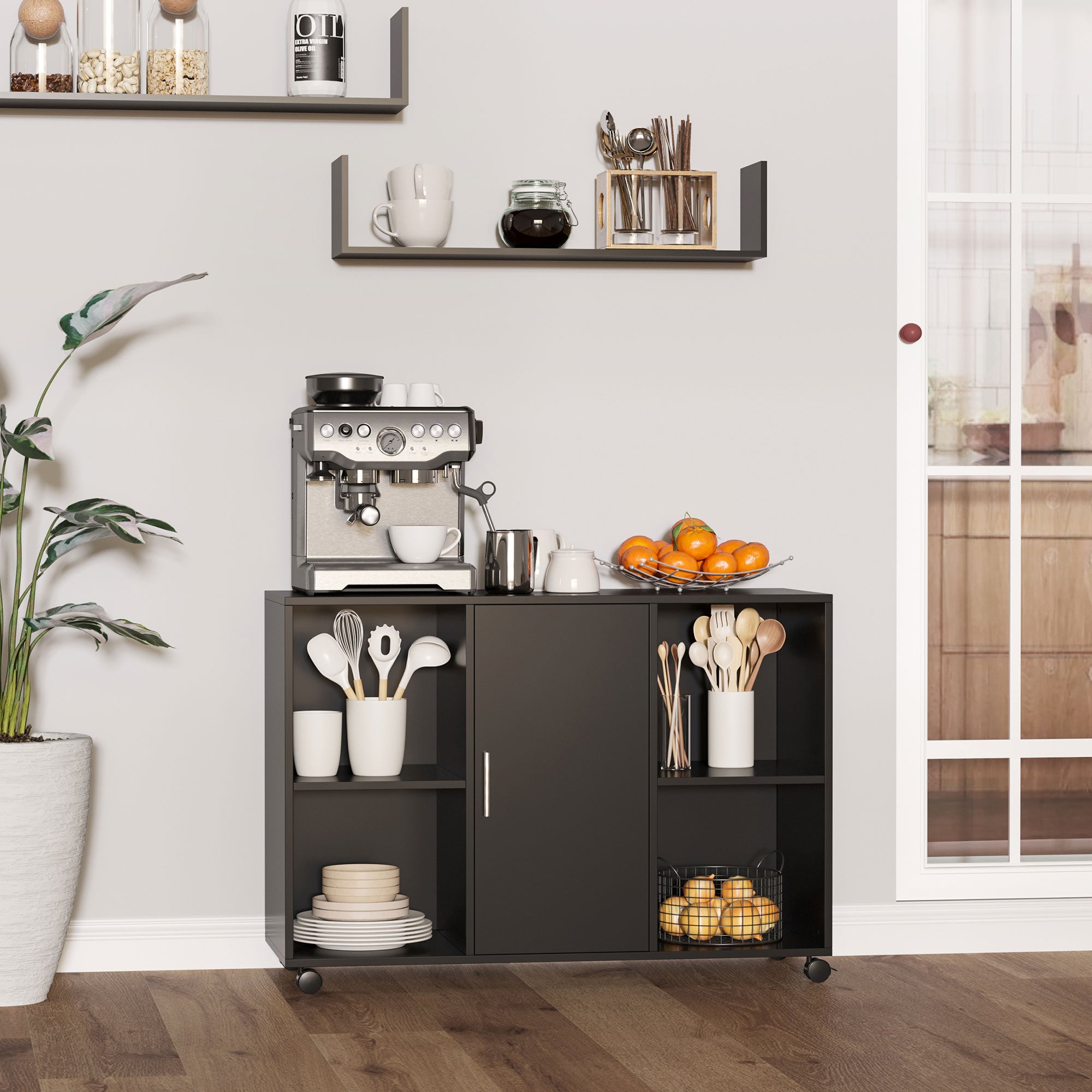 Mobile Office File Cabinet, Lateral Stationery Storage Cabinet, Printer Stand Unit with Wheels, Open Compartment and Cupboard, Black