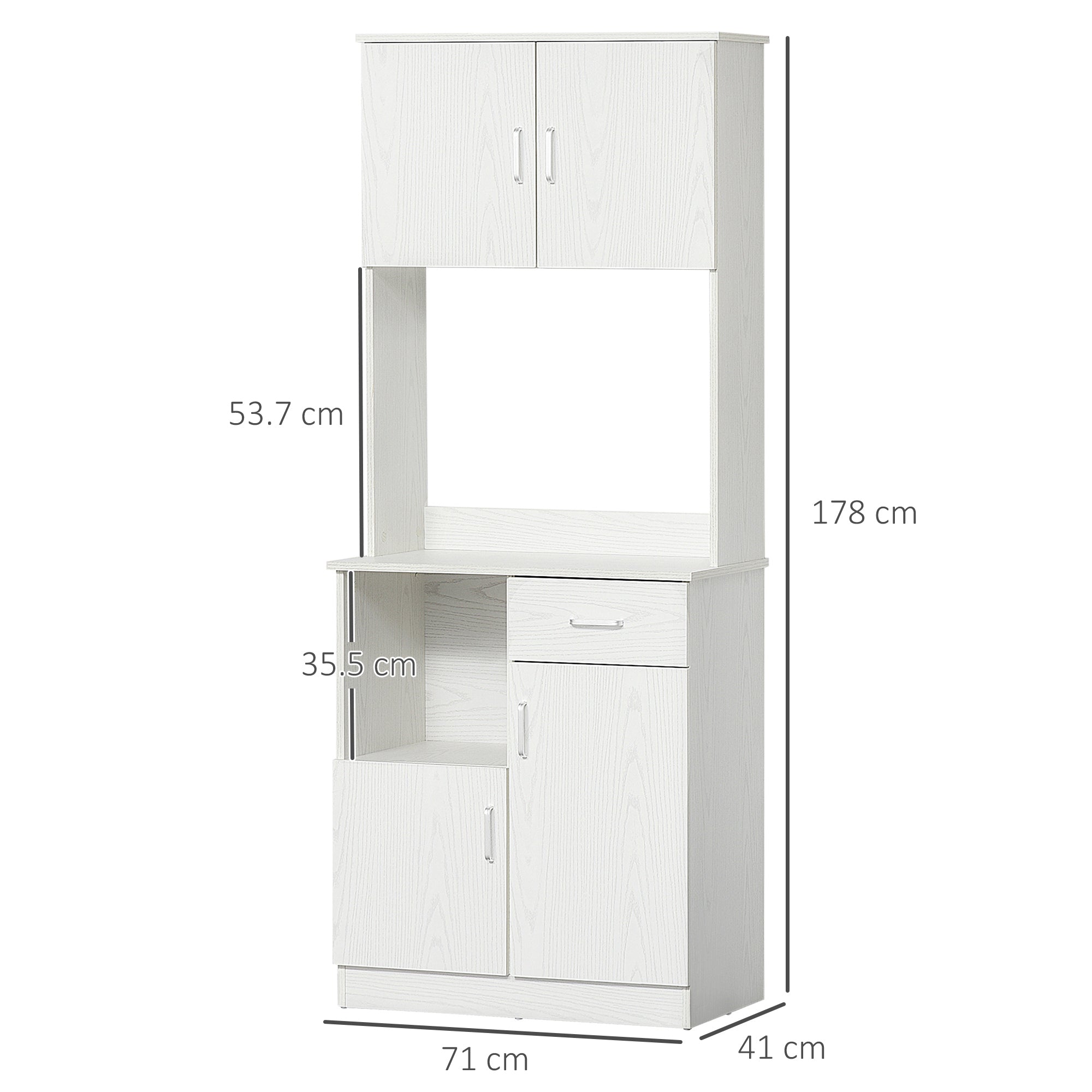 Modern Freestanding Kitchen Cupboard Storage Cabinet Organiser with Microwave Counter, 2 Cabinets, & Adjustable Shelves, White