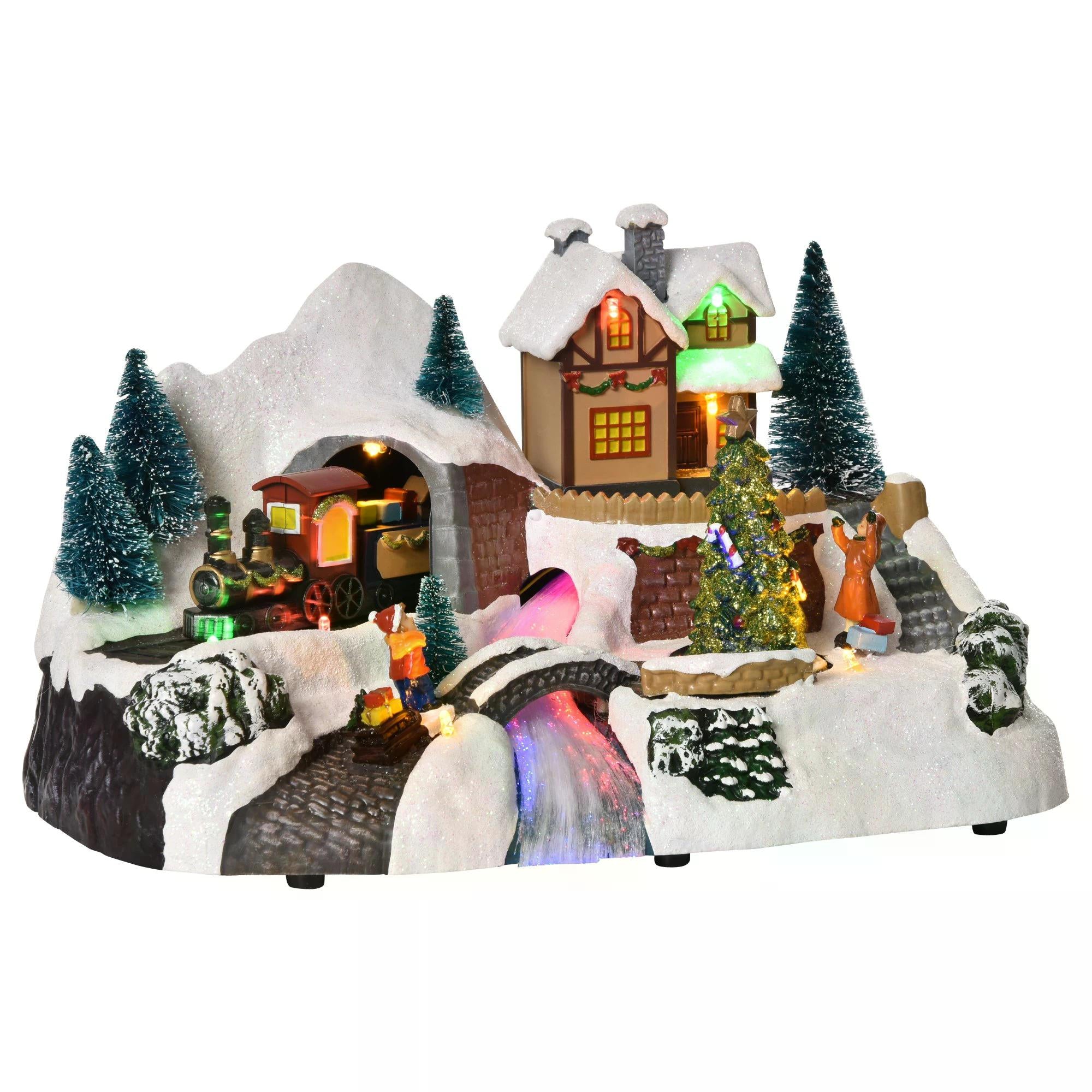 Prelit Christmas Musical Villages with Rotating Tree Animated Xmas Village with Sound Fibre Optic Transformer Festival Decoration for Tabletop