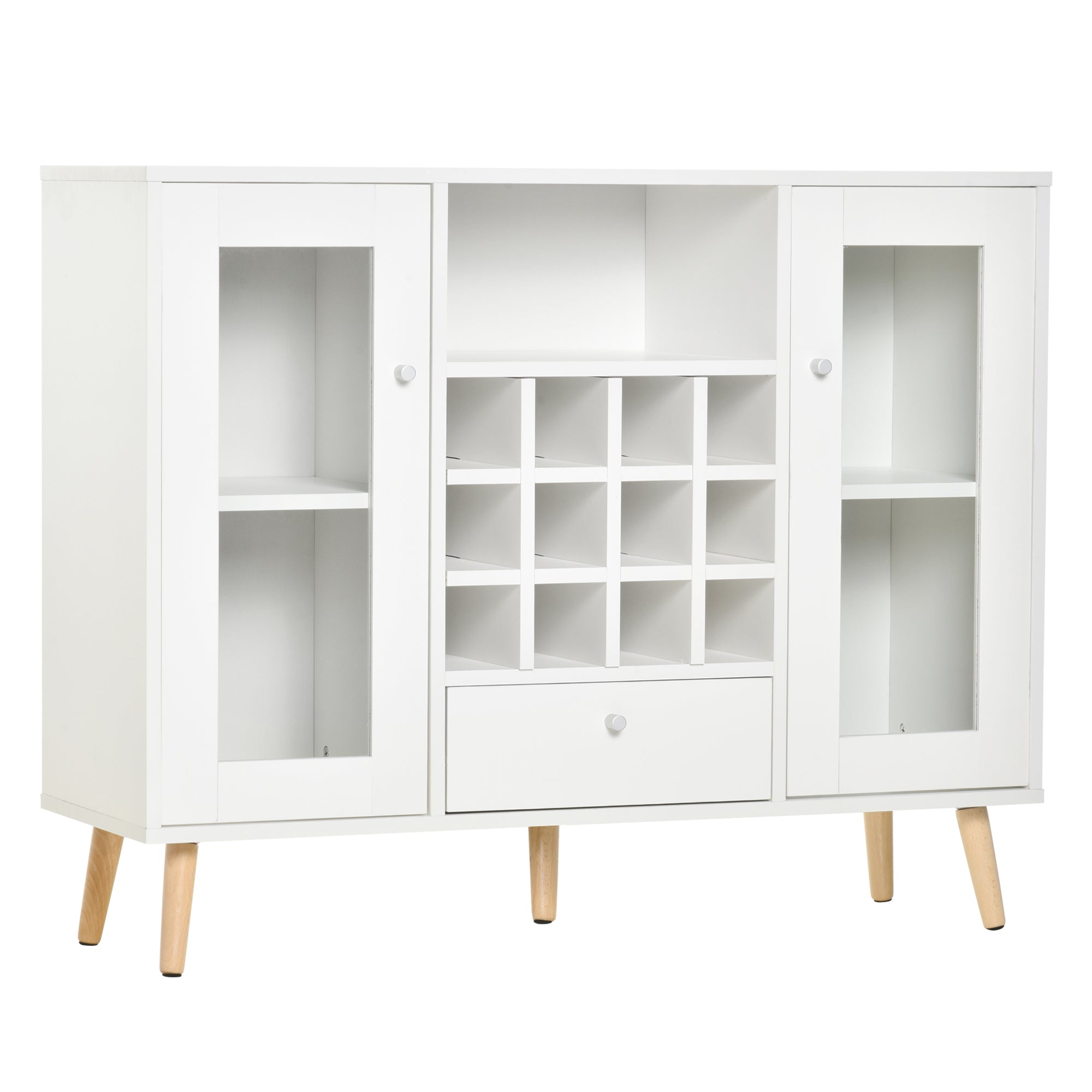 Modern Sideboard Storage Cabinet Kitchen Cupboard Dining Bar Server with Glass Doors, Drawer & 12-Bottle Wine Rack for Living Room, White