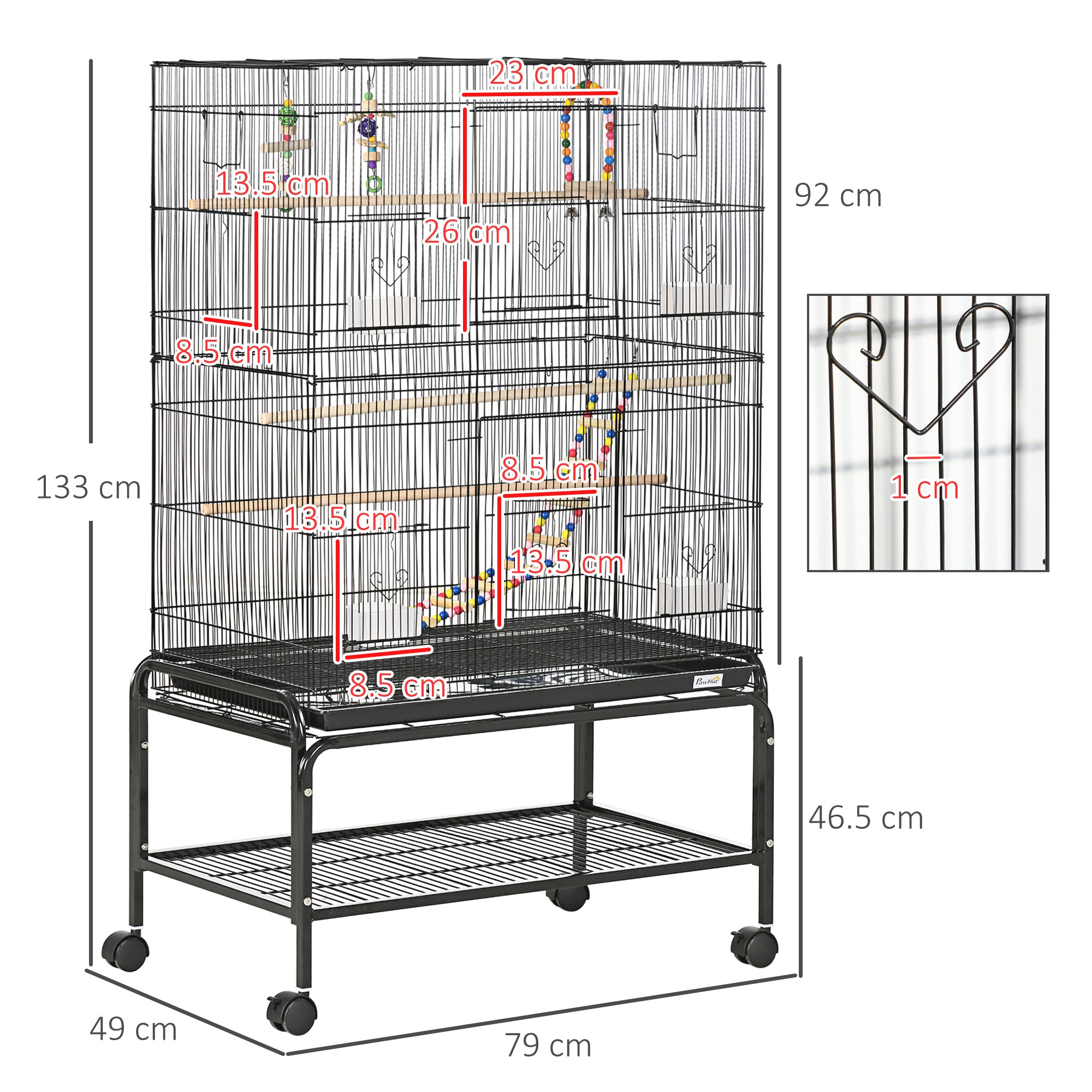 Bird Cage with Stand, Toys, Wheels, for Canaries, Finches, Lovebirds, Parakeets, Budgie Cage with Accessories, Storage Shelf, Black