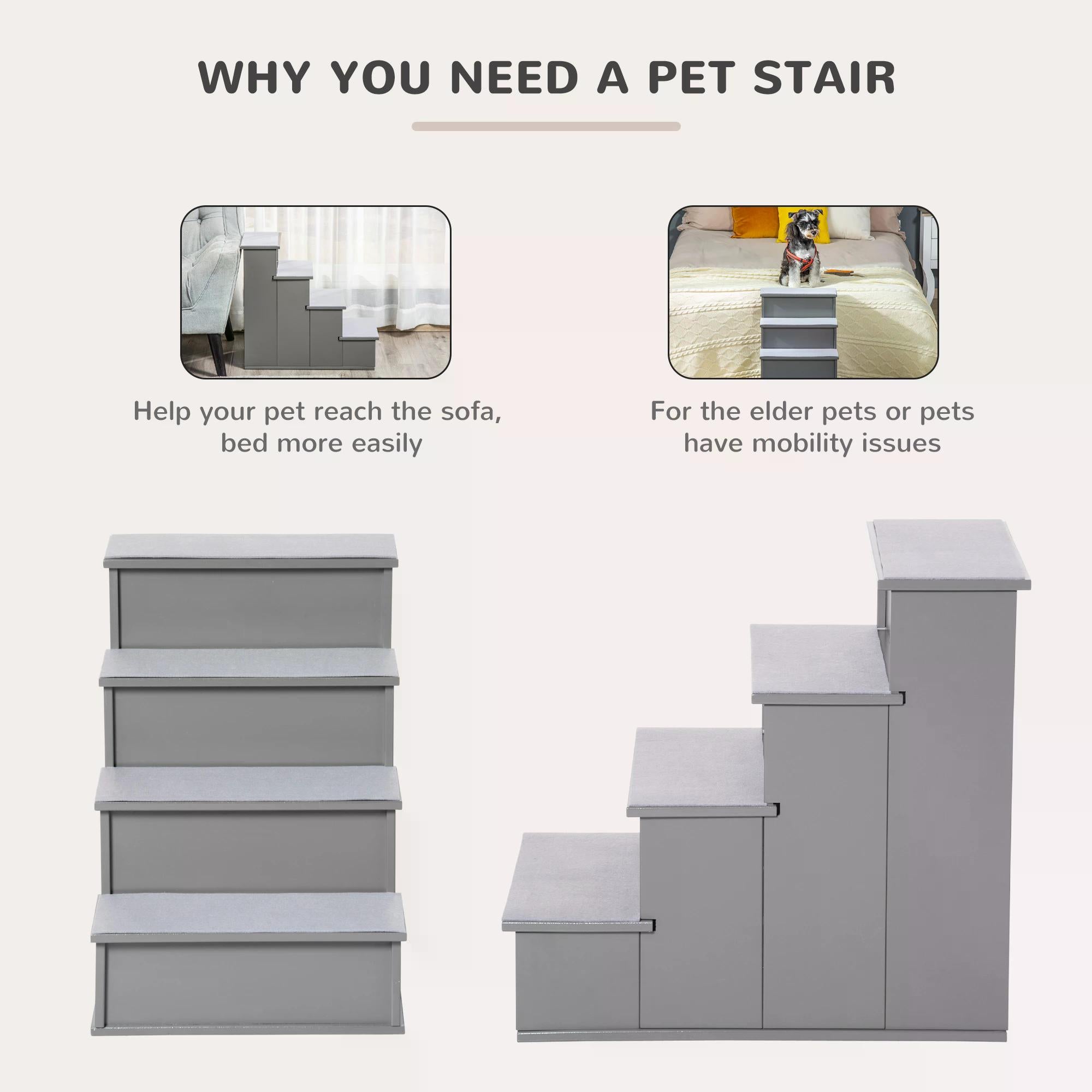 4 Step Wooden Cushioned Pet Stairs Ramp Steps for Dogs, Cat Ladder for Bed Couch with Non-Slip Carpet, 40 x 59 x 54.2 cm, Grey